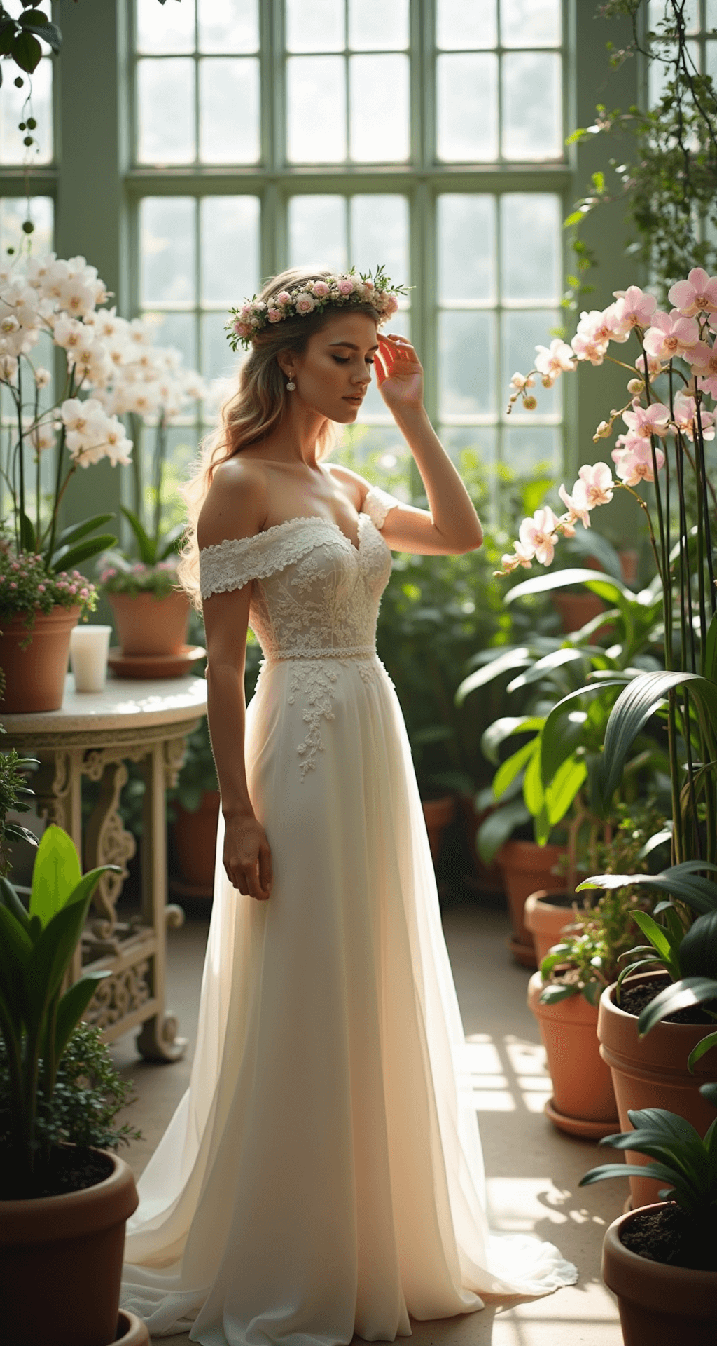 A bride in a romantic off-shoulder gown adorned with organic lace details is trying on a delicate flower crown in a sun-filled garden conservatory. Surrounded by potted orchids and trailing vines, large windows create a natural spotlight effect, while the soft focus background enhances the botanical greens and whites with blush accents.