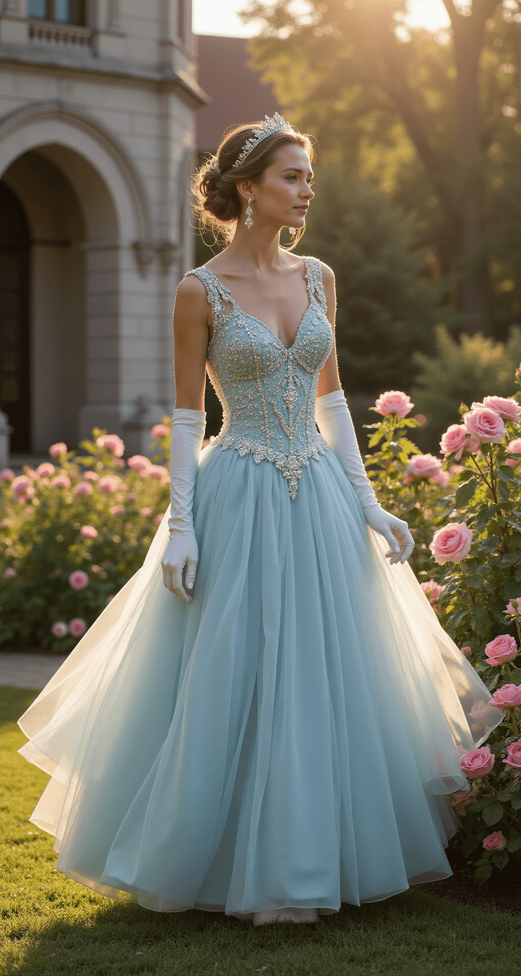 A young woman in a powder blue tulle ballgown twirls among blooming roses in a sunlit castle garden at golden hour, her intricate dress catching the light, paired with a delicate tiara and satin gloves, framed by stone architecture and flowering archways.