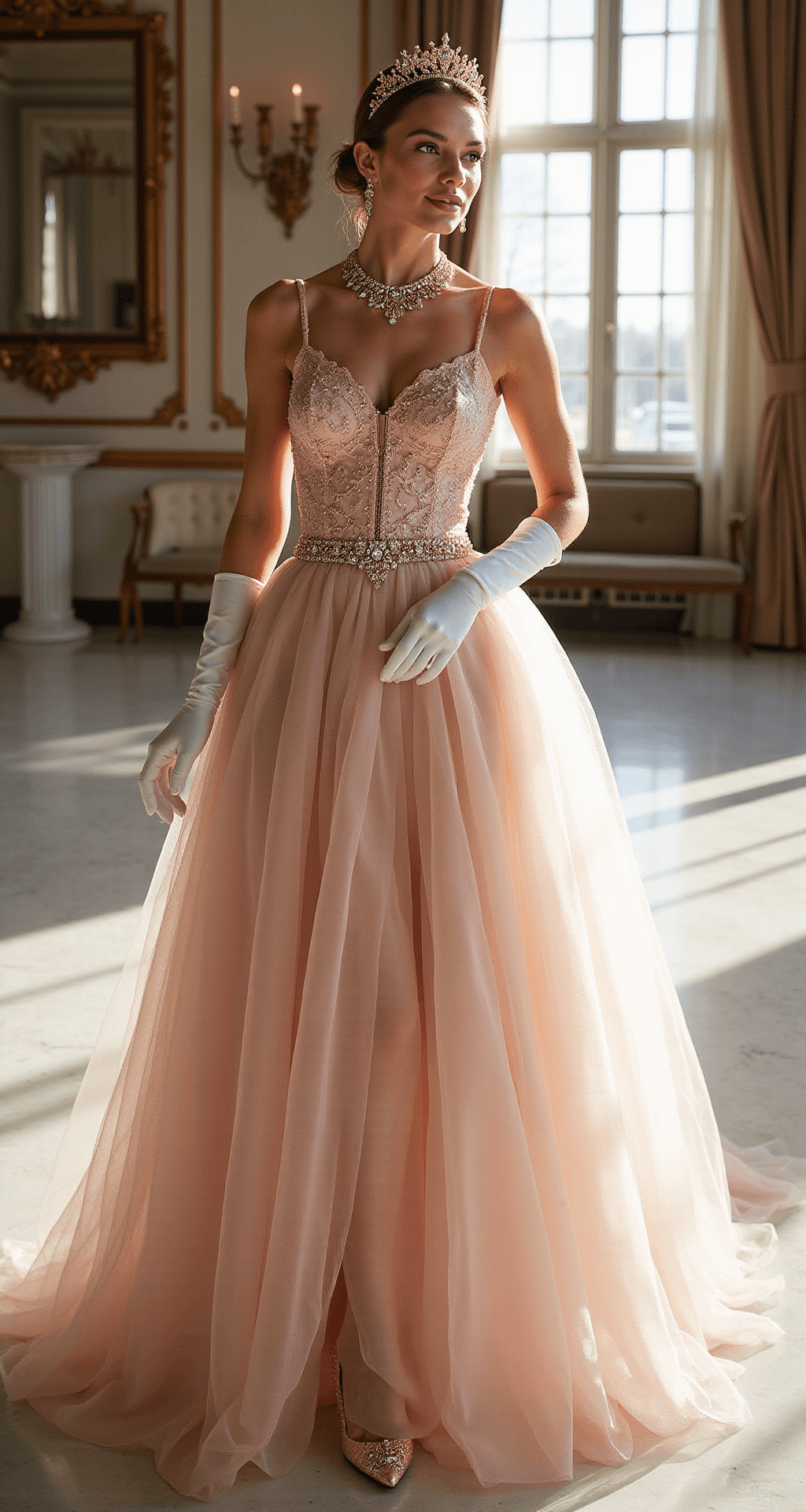A model in a blush pink lace ballgown with a structured bodice and cascading tulle skirt poses in a grand ballroom, showcasing intricate beadwork on a rose gold tiara and matching necklace. Her white silk gloves extend past her elbows, and crystal-encrusted heels are subtly visible beneath the gown's hem, illuminated by soft natural light streaming through soaring windows.