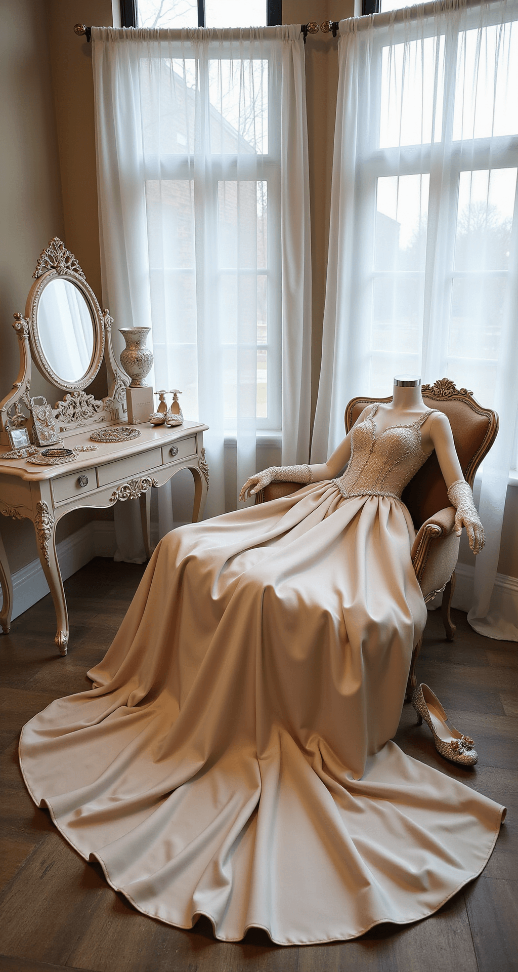 A dreamy indoor studio with sheer white curtains diffusing natural light, featuring a champagne-colored ballgown on a vintage chaise lounge, surrounded by a vanity showcasing a crystal tiara, satin gloves, delicate jewelry, and metallic heels.