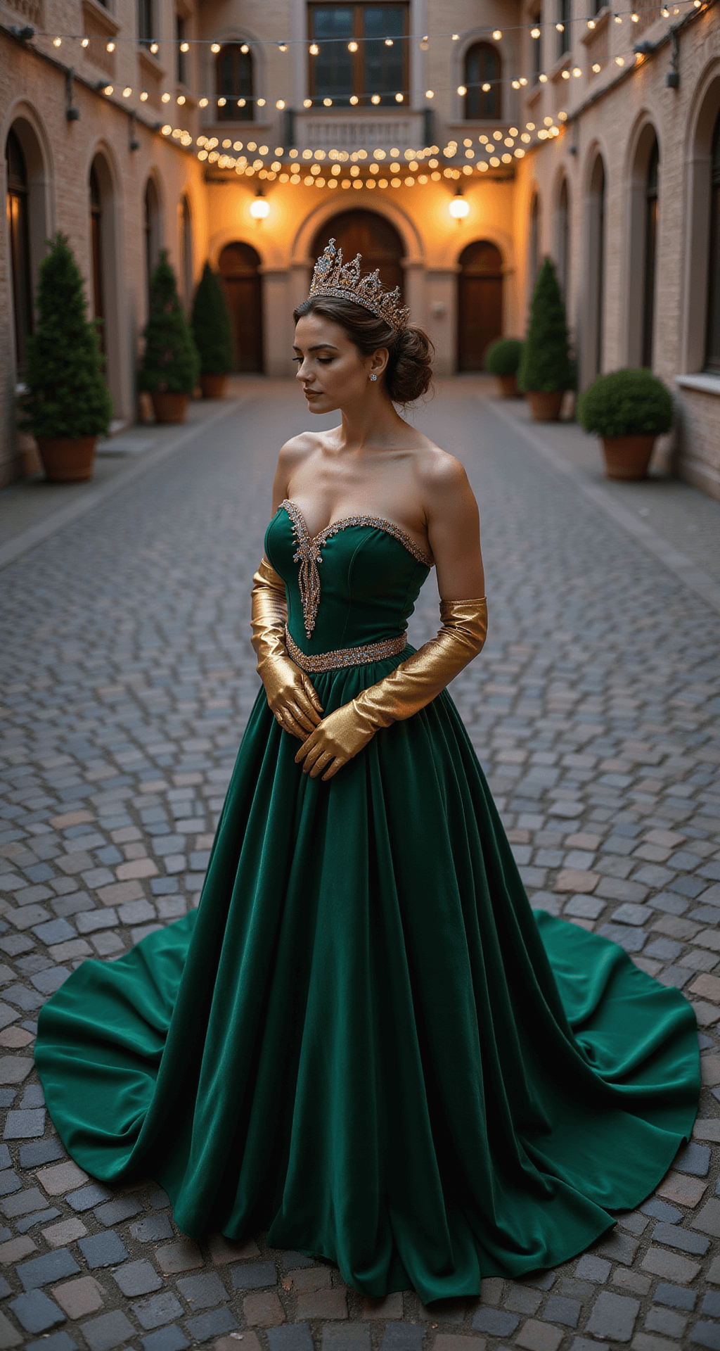 Aerial view of a model in an emerald green velvet ballgown with gold embroidery, surrounded by twinkling string lights in a historic stone courtyard at dusk, showcasing the circular pattern of the dress on ancient cobblestones, complemented by an antique gold crown, long gold gloves, and matching heels.