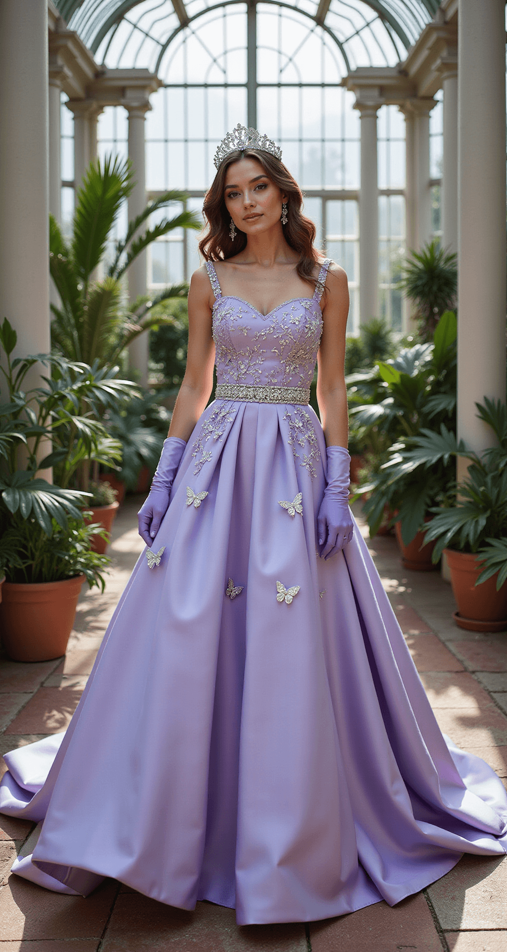 A woman in a lavender silk ballgown with butterfly appliqués and crystal embellishments stands in a light-filled conservatory, framed by classical columns and tropical plants. A silver filigree tiara sparkles in the greenhouse light, while her matching purple satin gloves complement the gown's dramatic train in a three-quarter angle shot.