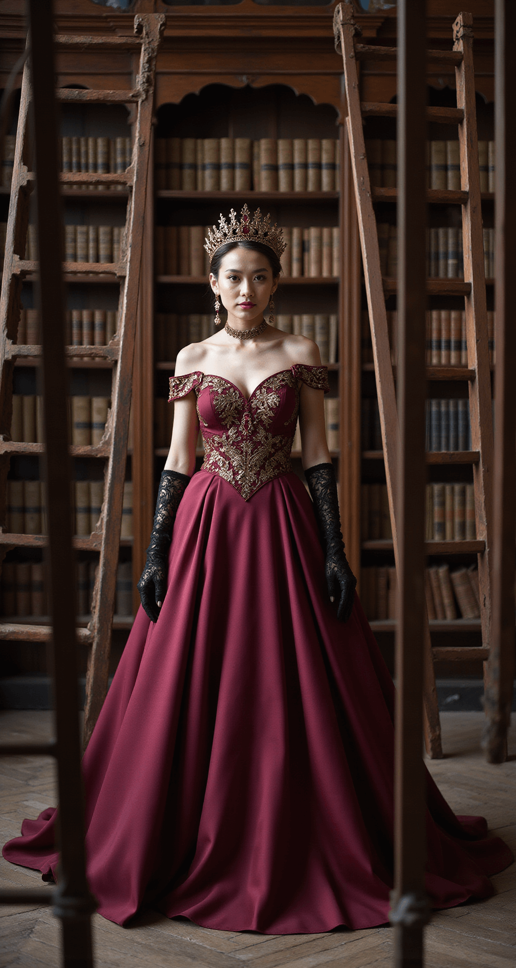 A model in a deep burgundy taffeta ballgown with gold brocade details stands in a vintage library surrounded by floor-to-ceiling bookshelves. She wears an antique ruby and gold crown and matching drop earrings, with black lace gloves adding a gothic touch. The image is framed by the rungs of a library ladder, highlighting the gown's rich color against the dark wood backdrop.