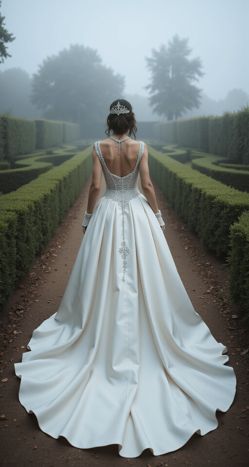 A woman in a pure white silk ballgown with a cathedral-length train stands in a misty garden maze, adorned with silver threading and pearls. She wears a sparkling diamond-encrusted tiara and choker necklace, complemented by fingerless lace gloves and glass slippers, all set against a backdrop of fog and manicured hedges, creating an ethereal atmosphere.
