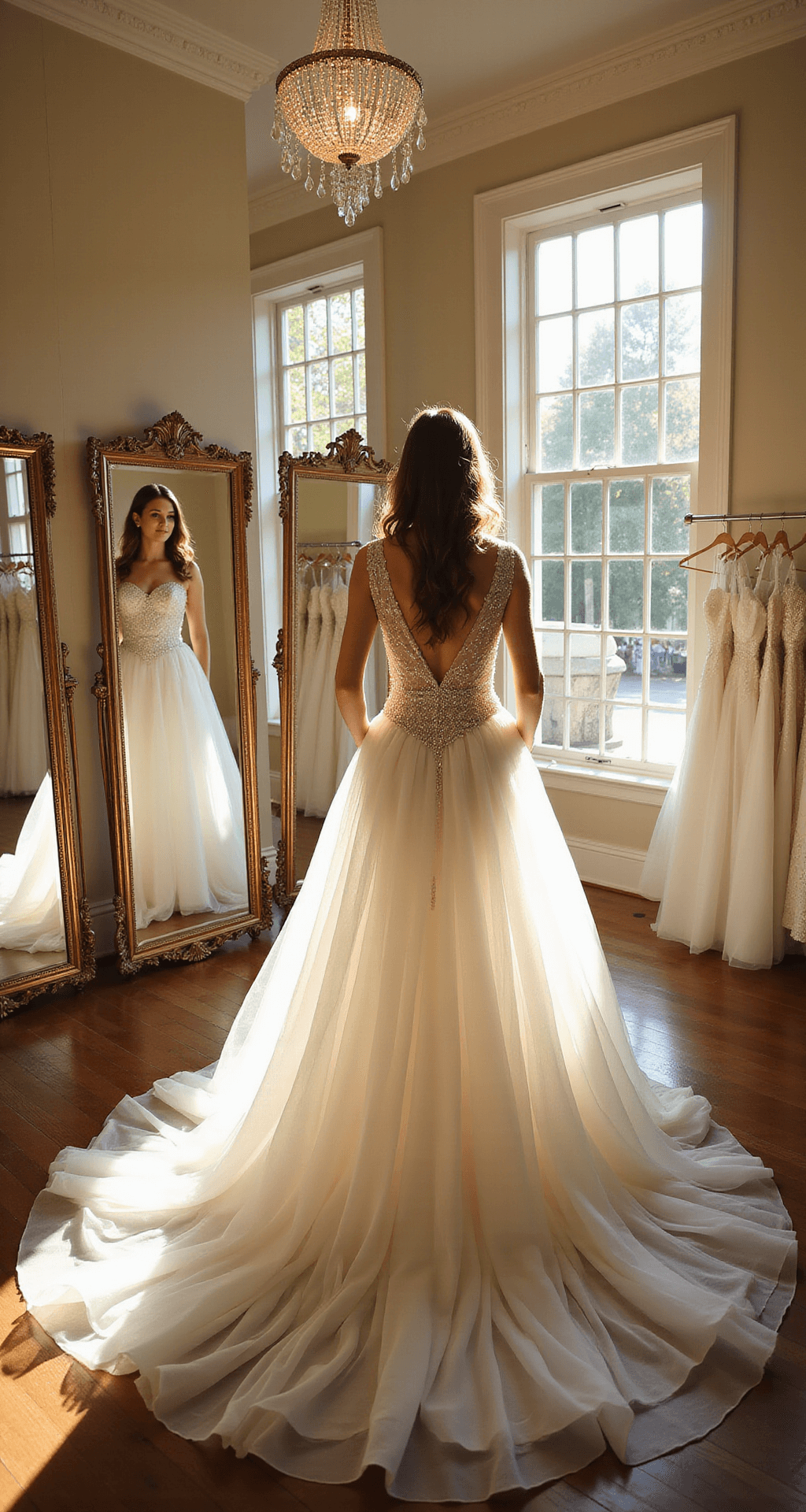 A bride in a classic Cinderella-style ball gown stands on a circular platform surrounded by racks of white and ivory gowns, illuminated by golden afternoon light streaming through floor-to-ceiling windows, with her reflection visible in ornate triple mirrors and prismatic chandelier reflections adding to the ethereal atmosphere.