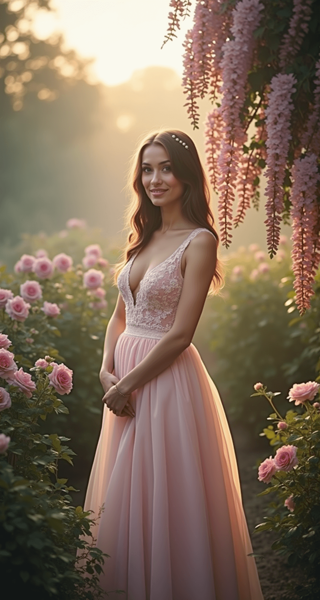 A model in a blush pink A-line gown with lace and pearl details stands amidst blooming rose bushes and wisteria in a misty garden at sunrise, with morning dew glistening on flower petals, captured in soft pastel colors and ethereal light.