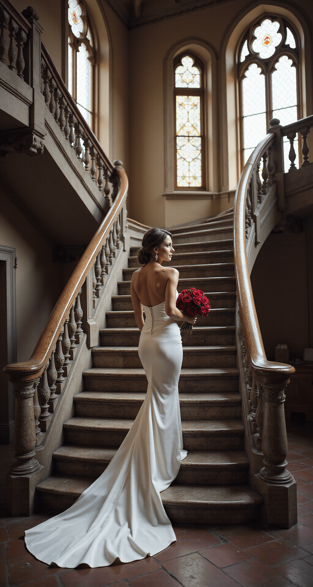 A bride in a fitted silk gown adorned with subtle red rose accessories descends an ornate marble staircase in a dramatic castle interior, framed by architectural elements and illuminated by natural light through stained glass windows; her classic white dress contrasts with a deep red bouquet, captured in high-end editorial style.