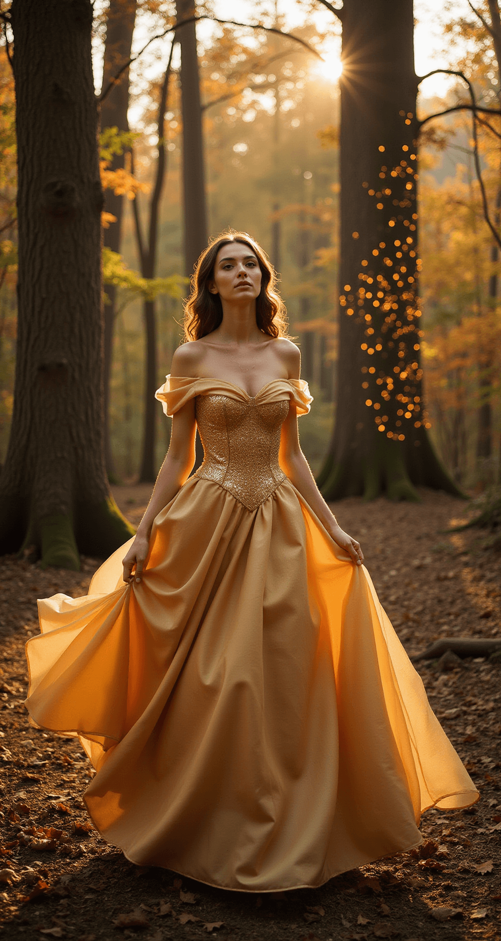 Model in a Belle-inspired gold-toned ball gown stands in an enchanted forest clearing at golden hour, surrounded by ancient trees adorned with twinkling lights, with rich autumn colors in the background, captured from a ground-level perspective to emphasize the height of the trees and the flow of the dress under cinematic lighting and a natural sun flare.