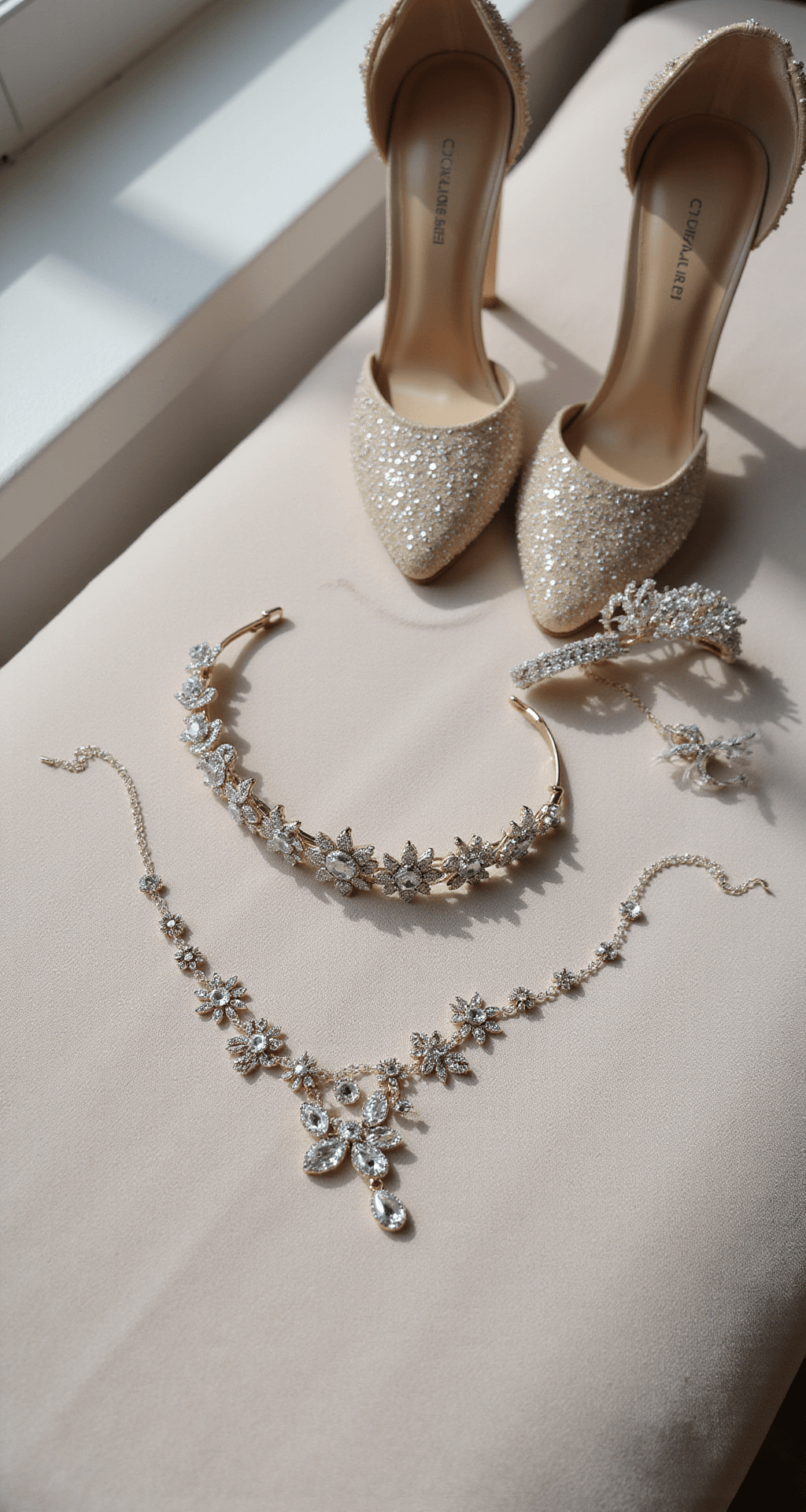 Close-up detail of crystal-encrusted bridal accessories including a delicate tiara, embellished heels, and vintage-inspired jewelry arranged on a plush velvet surface, softly illuminated by window light, captured from above with a macro lens.