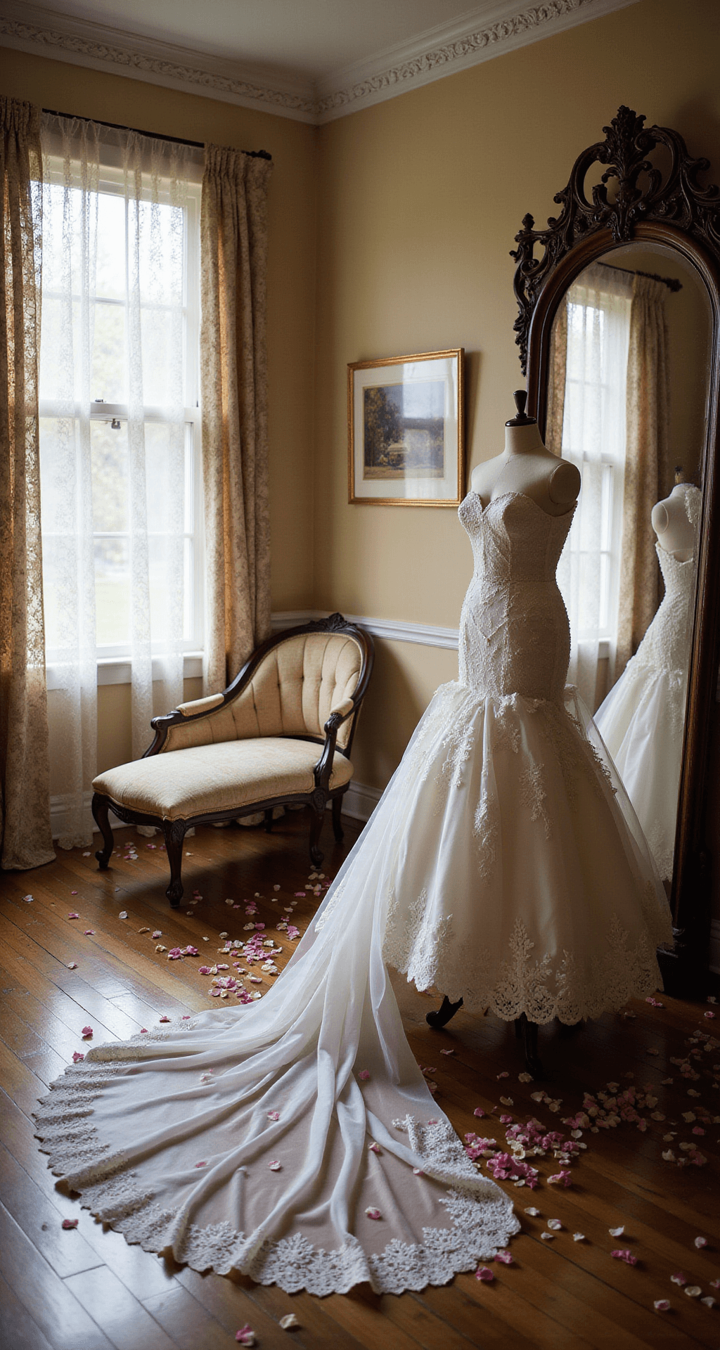A beautifully arranged historic chapel getting-ready room featuring a flowing cathedral veil draped over a vintage chaise, a princess-cut ball gown on a display form, and scattered rose petals leading to an antique full-length mirror, all bathed in warm light filtering through lace curtains.