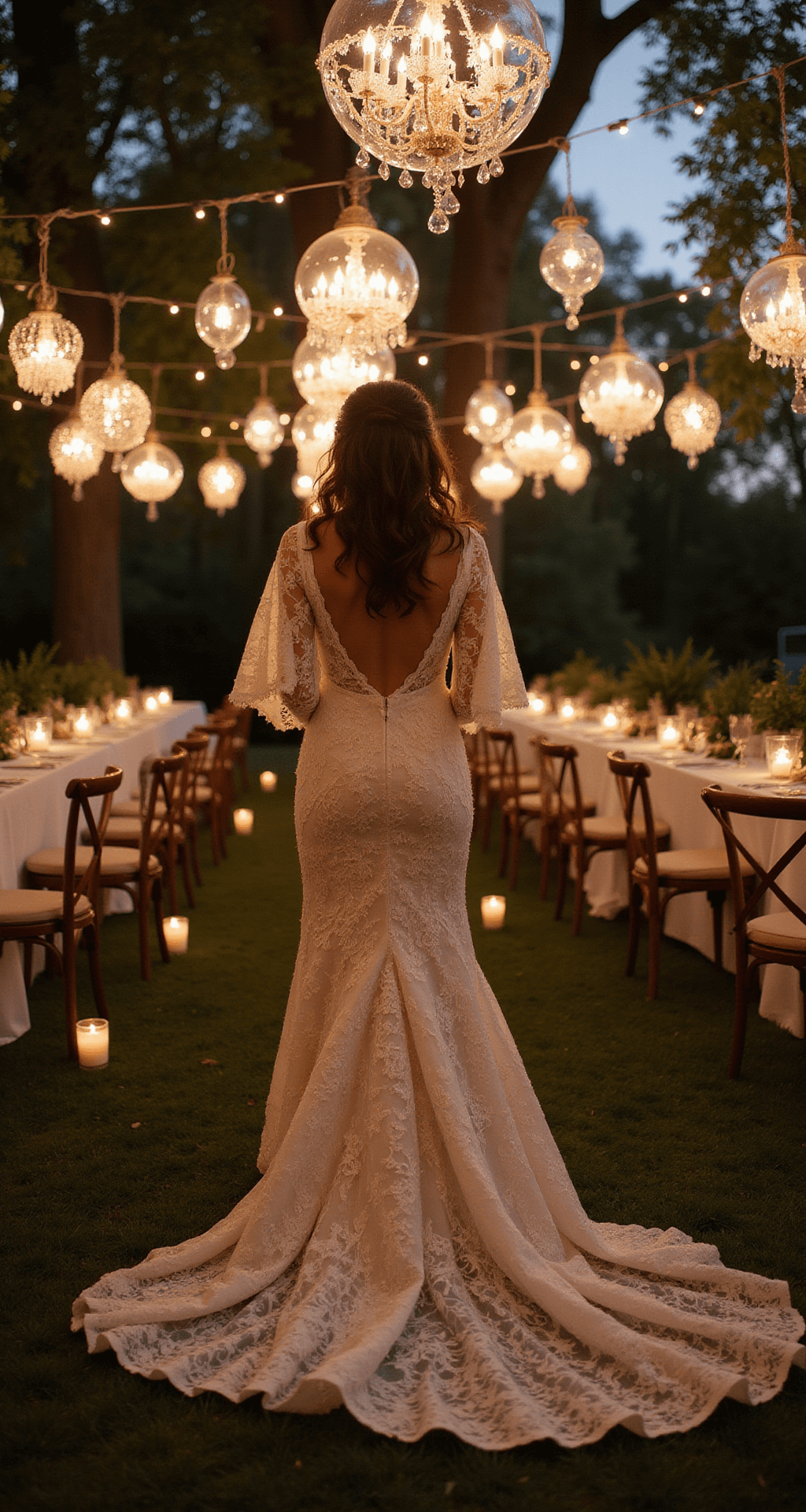 A romantic twilight garden reception featuring a bride in a fitted lace gown with a dramatic cape, surrounded by hanging crystal chandeliers and floating candles, illuminated by warm lights and globe string lights creating a bokeh effect.
