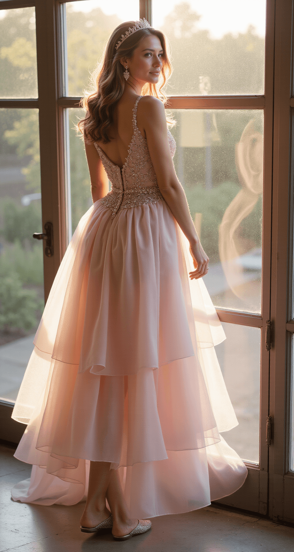 A model in a pastel pink tulle ball gown stands before large windows, illuminated by golden hour light, showcasing crystal beading and layered organza. Her loose wavy hair features a crystal crown, and minimal jewelry includes wing-inspired diamond drop earrings. Glass slippers with crystal accents are partly visible beneath the dress hem, captured with a shallow depth of field emphasizing the gown's details.