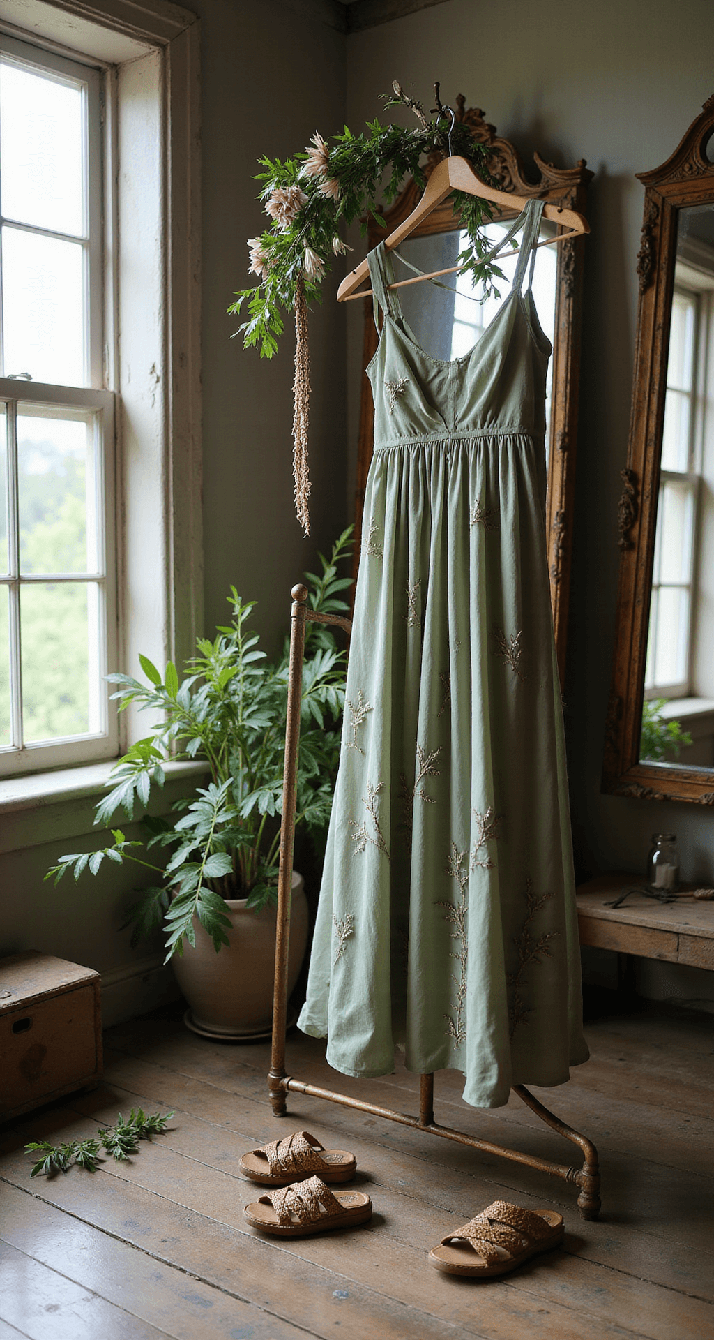 A rustic-chic boutique fitting area bathed in late morning light features a sage green chiffon dress with vine embroidery hanging on an ornate gold stand, surrounded by nature-inspired accessories like leaf-pattern jewelry, braided leather sandals, and a fresh botanical flower crown, with antique full-length mirrors reflecting the scene.