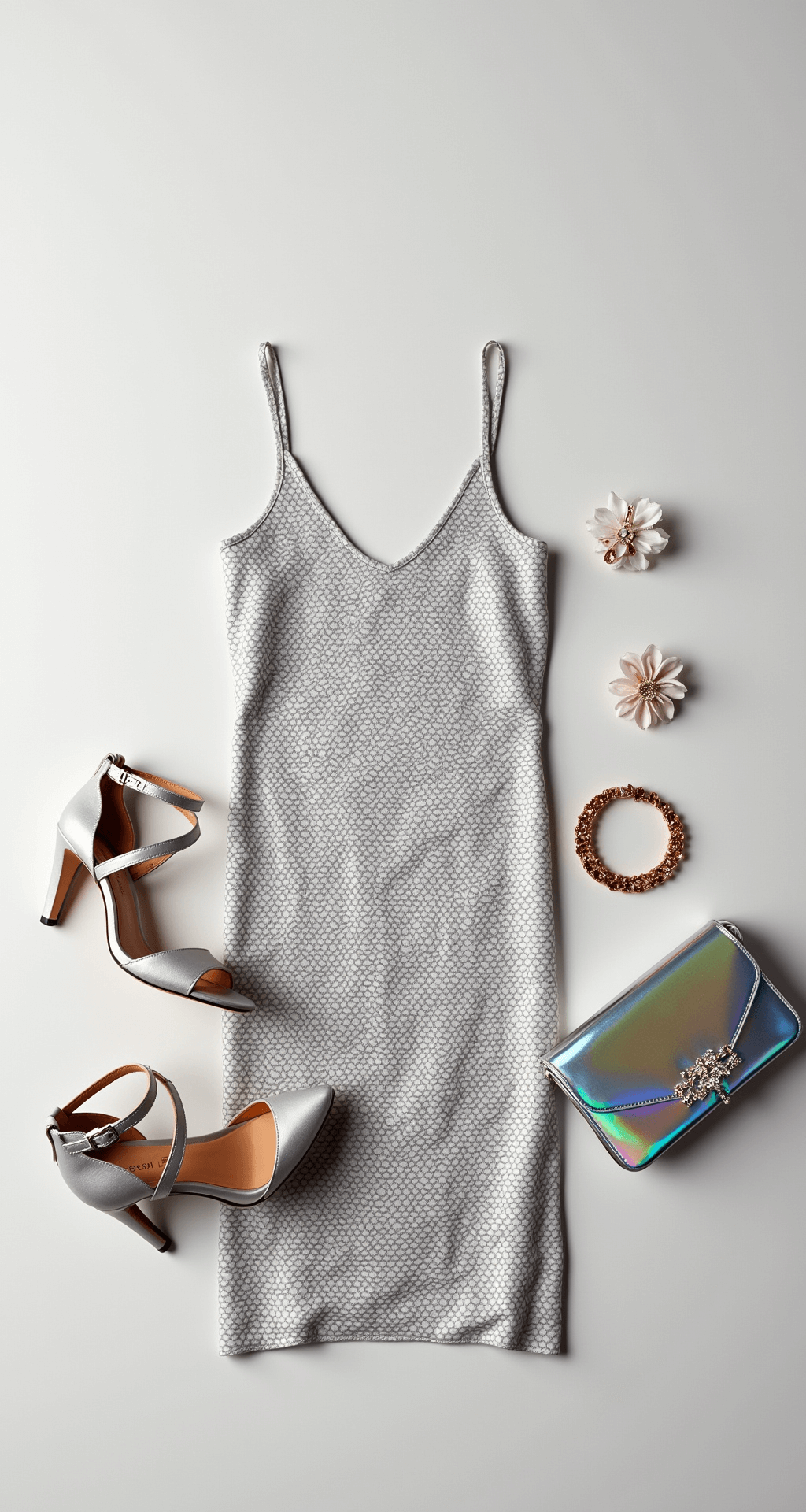 Modern fairy styling flat lay featuring a metallic silver slip dress with ethereal overlay on a white marble surface, accompanied by geometric rose gold jewelry, strappy metallic heels, a crystal hair clip, and a holographic designer clutch, all captured from above with soft diffused studio lighting.