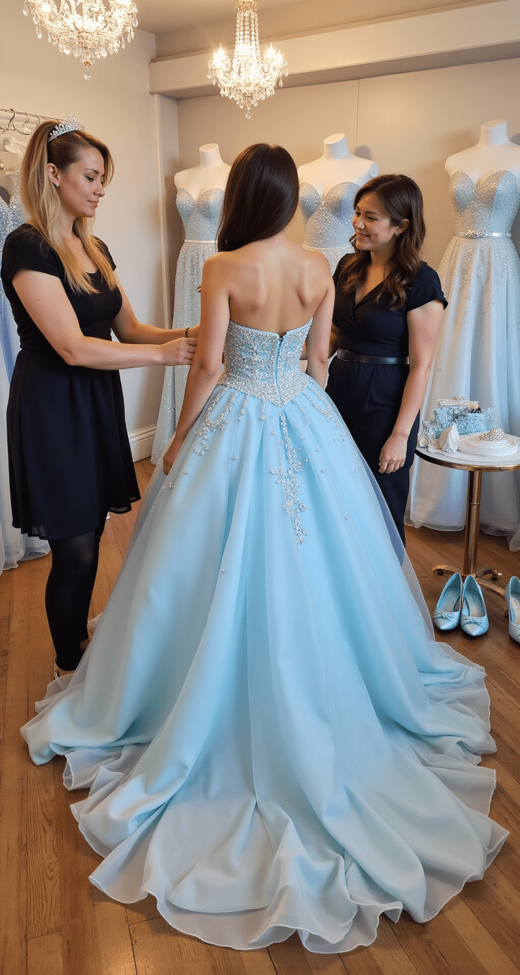 A model in a powder blue ball gown with crystal embellishments stands in an upscale dress salon, surrounded by stylists adjusting her attire. The gown’s tulle layers shimmer under chandelier lights, while a delicate tiara and blue satin shoes are displayed nearby.
