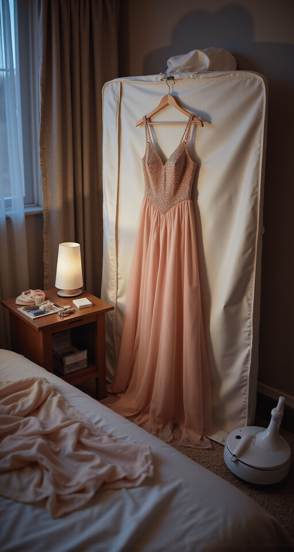 A blush pink beaded gown hanging in a clear garment bag in an intimate bedroom at dusk, with a steamer and a care kit nearby, illuminated by soft lamp light that highlights delicate beadwork details.