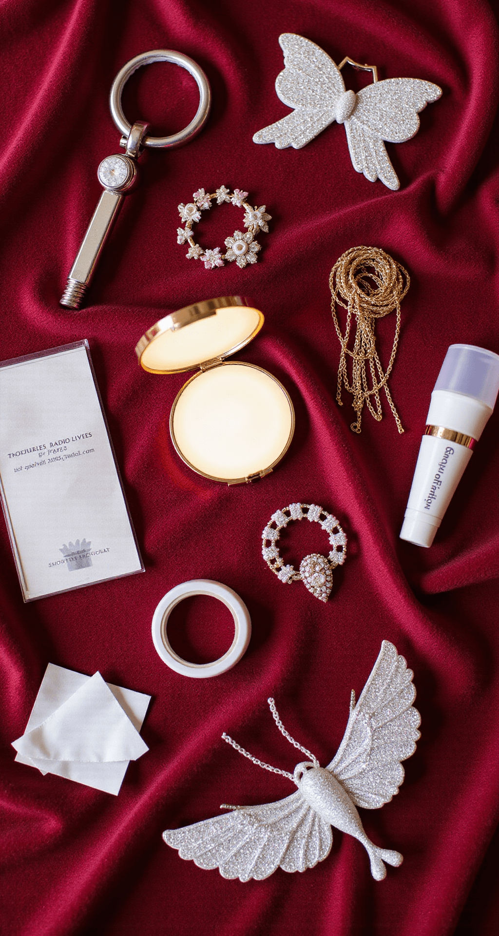 Flat lay of a prom emergency kit on velvet fabric, featuring fashion tape, a mini sewing kit, blotting papers, backup jewelry, heel caps, and a small steamer, all arranged around a fairy-wing inspired compact mirror, with subtle sparkle from a ring light on metallic items.