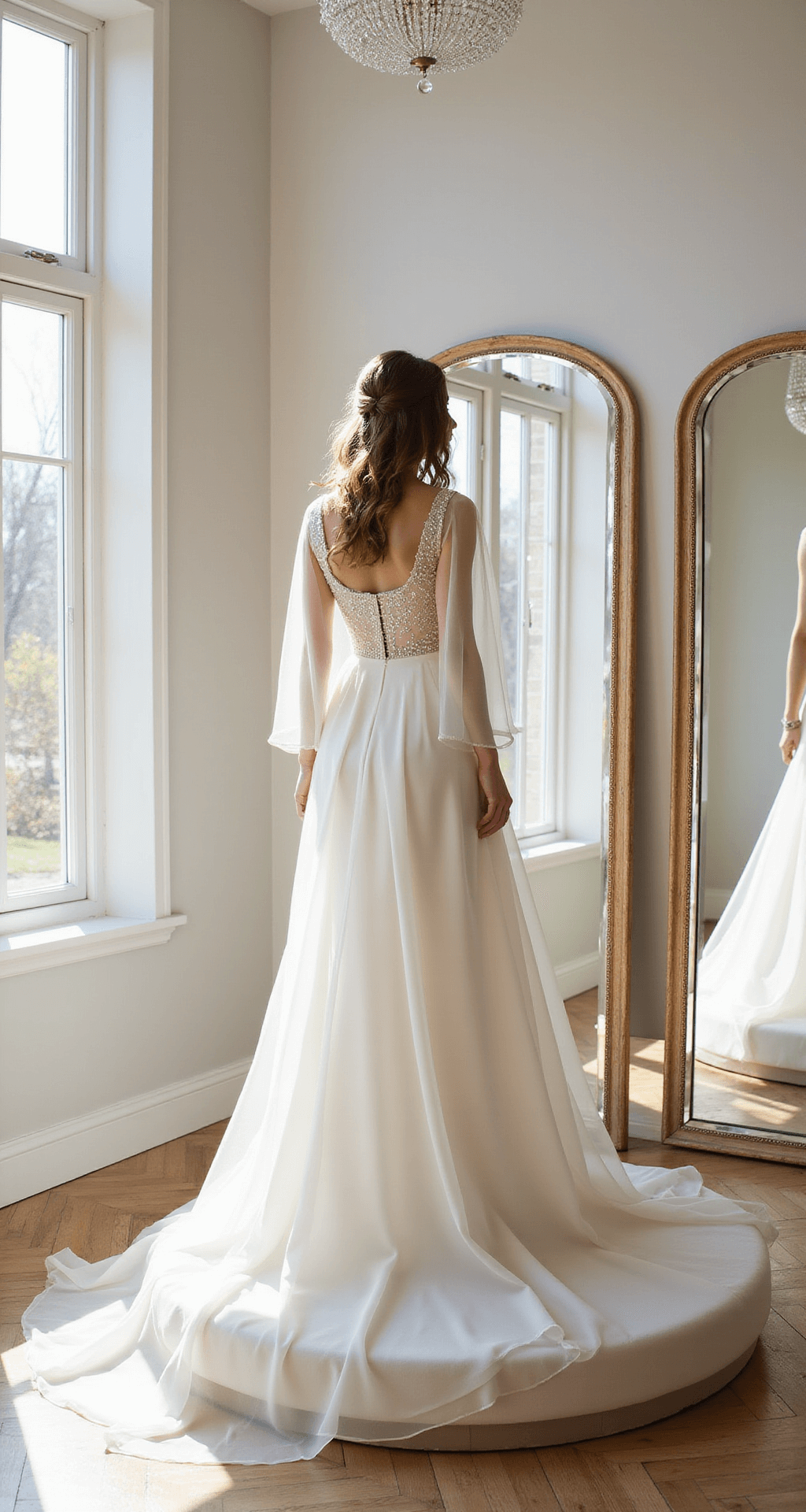How to Rock a Fairytale Wedding Dress (Without Looking Like You Raided Cinderella's Closet) A bride in a modern A-line gown with a subtle sparkle organza overlay stands on a circular pedestal in a sun-drenched bridal boutique, with morning light illuminating her dress's delicate beading and reflecting in triple mirrors. The minimalist white interior features a crystal chandelier.