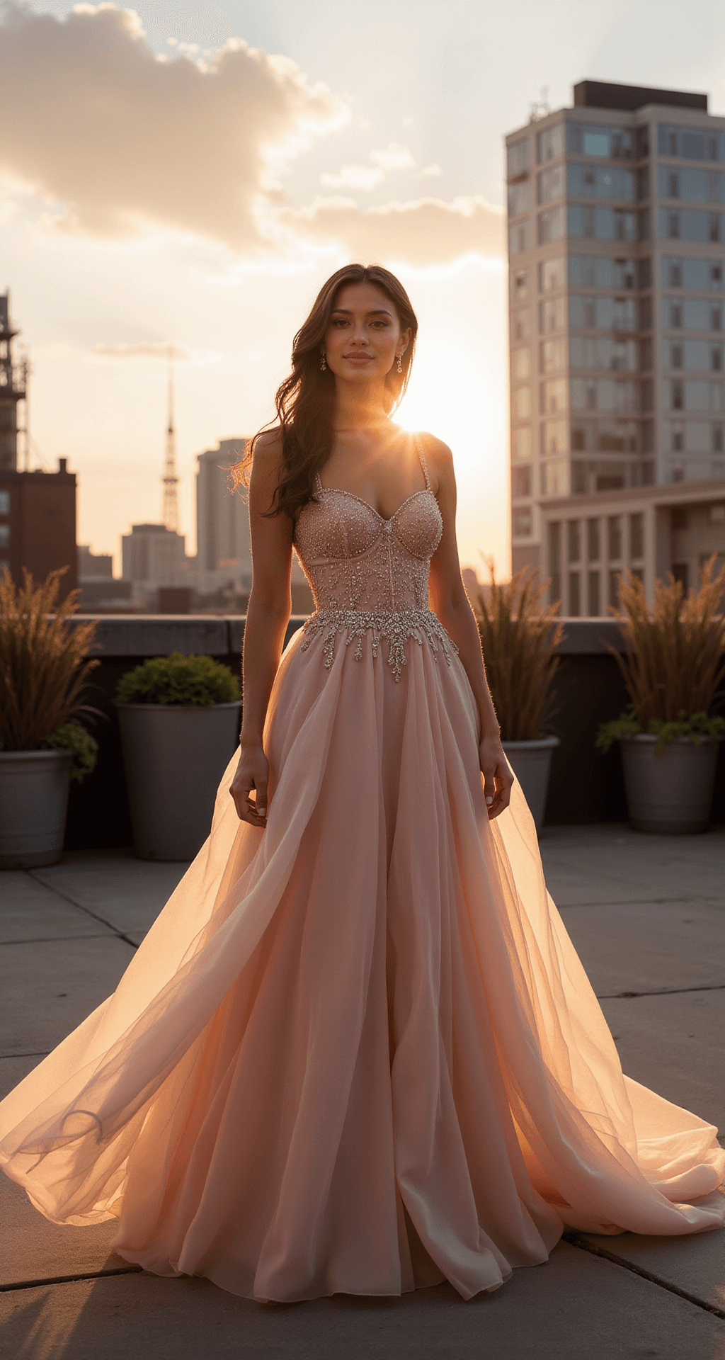 How to Rock a Fairytale Wedding Dress (Without Looking Like You Raided Cinderella's Closet) Model in a blush ballgown with structured bodice and flowing tulle skirt poses in a rooftop garden at golden hour, with the Manhattan skyline behind, showcasing the dress's details and ethereal movement against an industrial backdrop.
