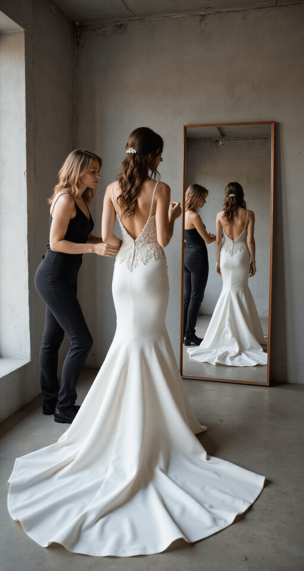 How to Rock a Fairytale Wedding Dress (Without Looking Like You Raided Cinderella's Closet) A bride in a minimalist dressing room examines a sleek mermaid gown with a detachable overskirt in a full-length mirror, while an assistant adjusts the gown's train amidst contemporary concrete walls, bathed in diffused afternoon light.