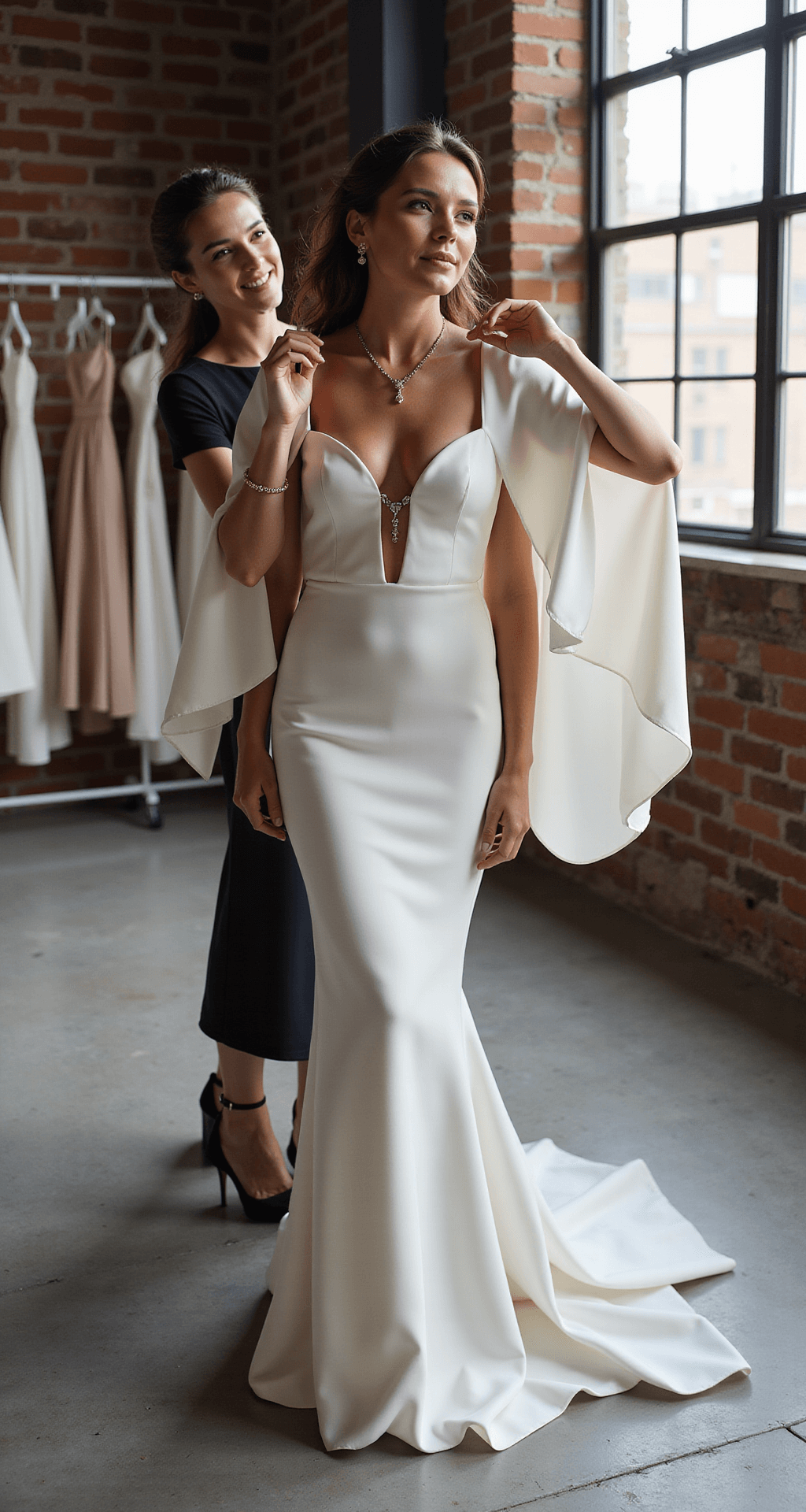 How to Rock a Fairytale Wedding Dress (Without Looking Like You Raided Cinderella's Closet) Bride in a simple silk crepe gown with a dramatic cape sleeve, trying on various jewelry pieces in an airy modern loft with industrial windows, exposed brick walls, and designer gowns in the background, captured in a documentary-style.
