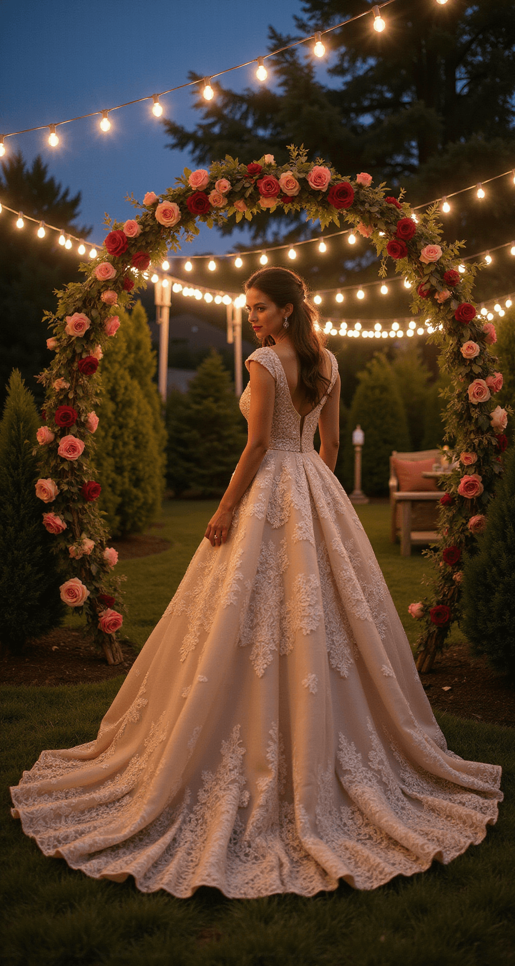 How to Rock a Fairytale Wedding Dress (Without Looking Like You Raided Cinderella's Closet) A bride in a color-tinted champagne ballgown with graphic lace patterns twirls in a twilight garden, framed by a vintage rose arch and illuminated by ambient string lights. The soft uplighting highlights her dress details while the slow shutter captures a subtle motion blur as her gown catches the evening breeze.