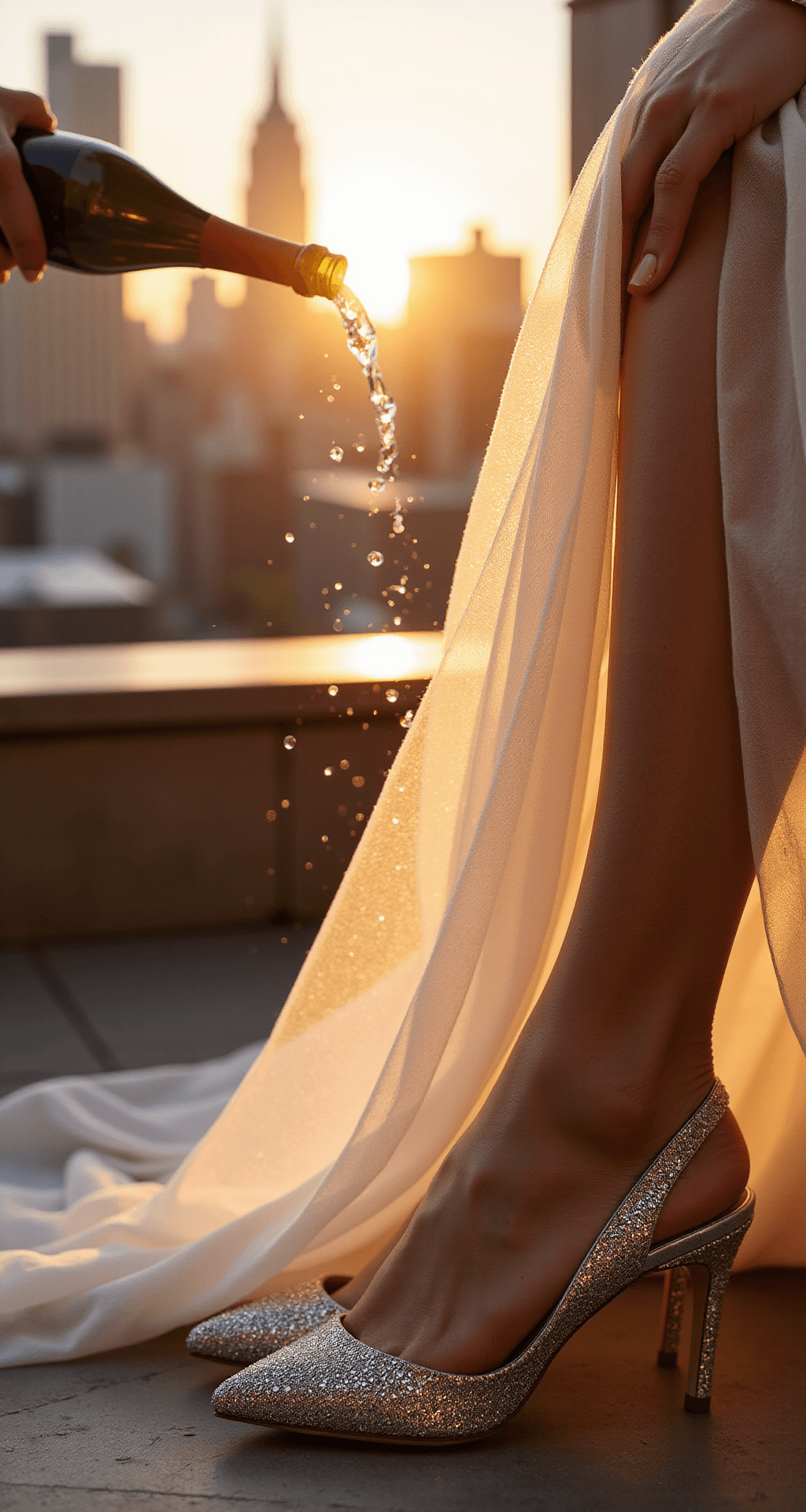 Close-up of a bride's feet in glitter-encrusted Jimmy Choo Sacora sandals on a rooftop terrace, with the Manhattan skyline in the background. Champagne is being poured, reflecting warm sunset tones on the shoes as her tulle gown cascades around them, captured from a low angle with a focus on the intricate details of the sandals.