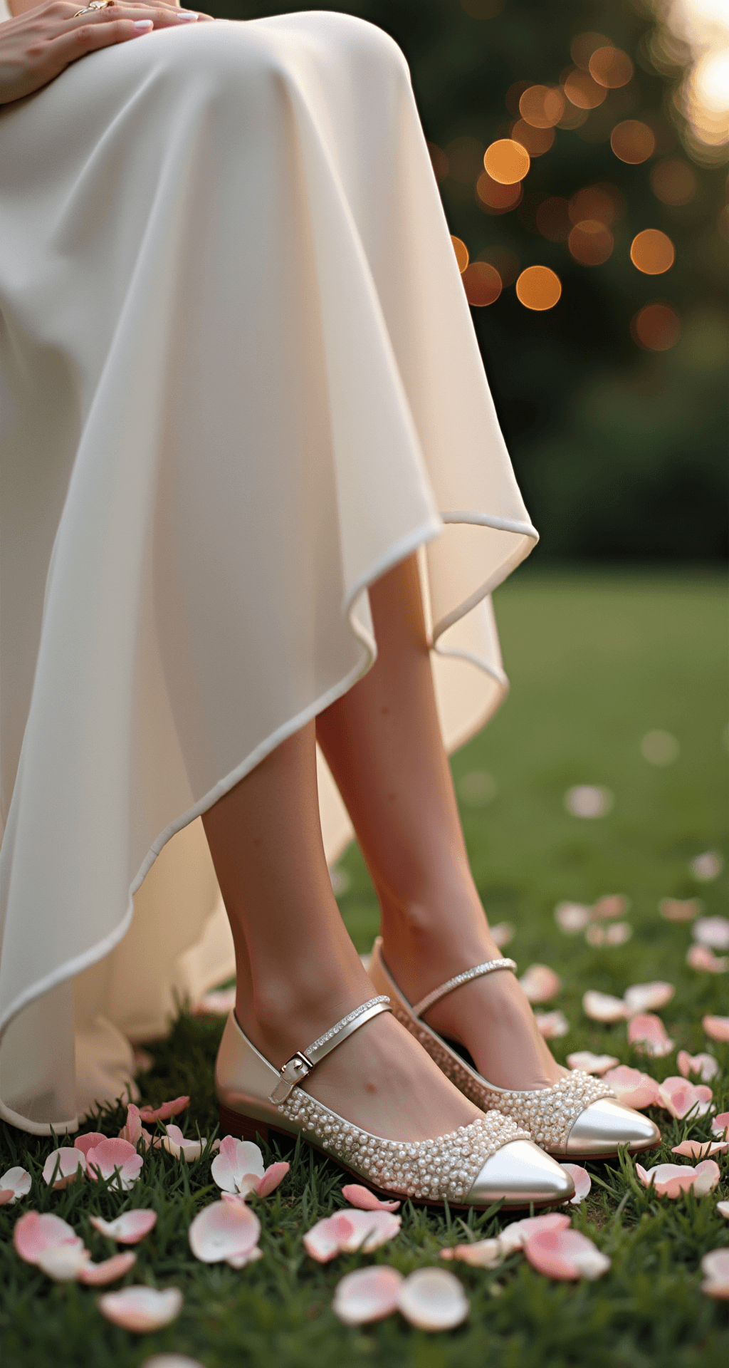 Detail shot of a bride's feet in Jimmy Choo Sacora flats adorned with pearls and crystals, surrounded by rose petals in a vintage-inspired garden setting with twinkling fairy lights, showcasing a soft pastel color palette of blush and ivory tones.