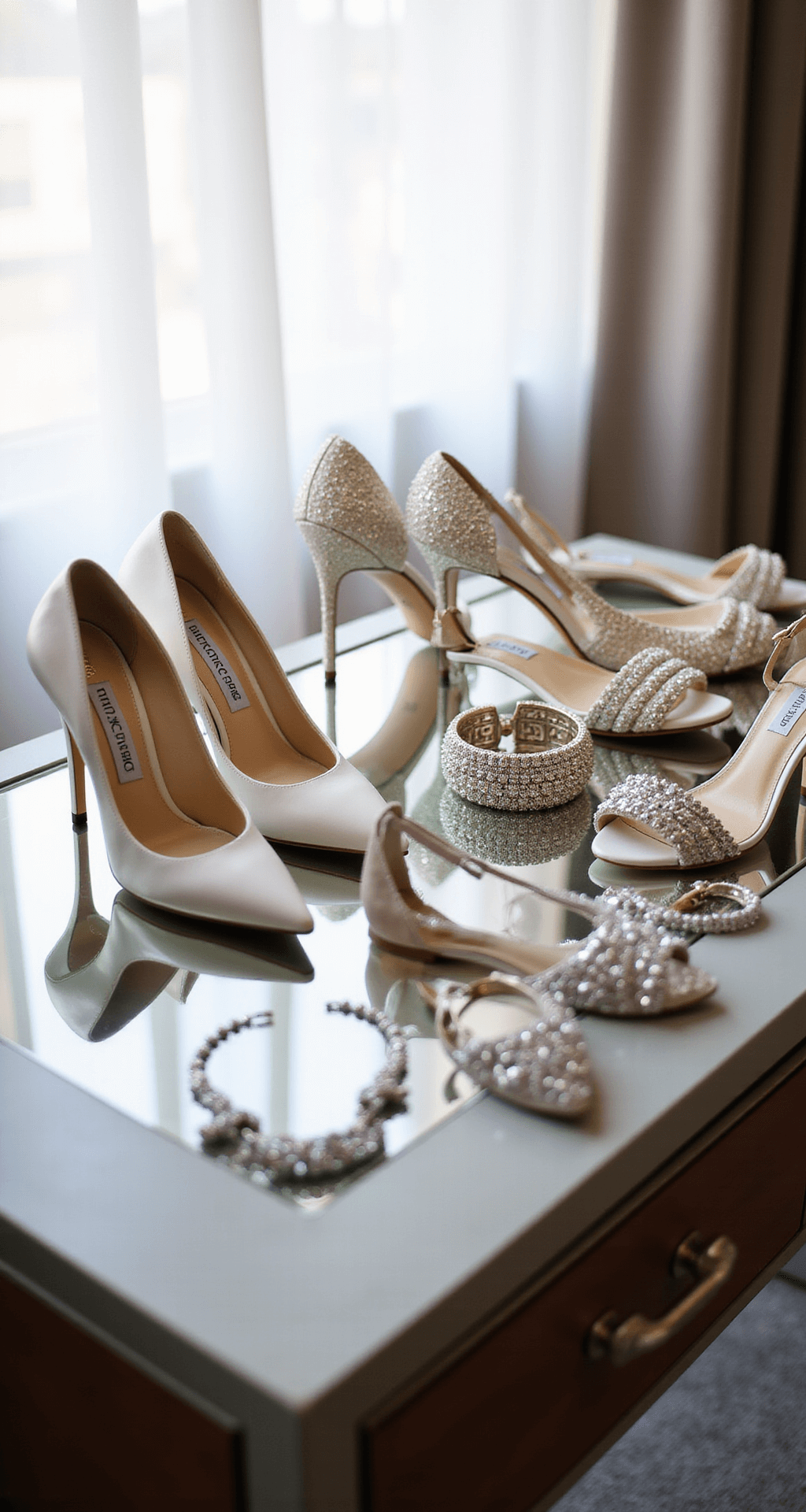 A contemporary hotel suite bathed in mid-afternoon light, showcasing a behind-the-scenes setup with various pairs of Jimmy Choo bridal shoes on a mirrored vanity, including classic white Romy pumps and crystal-covered Aveline sandals, alongside wedding accessories, all captured in a lifestyle documentary style.