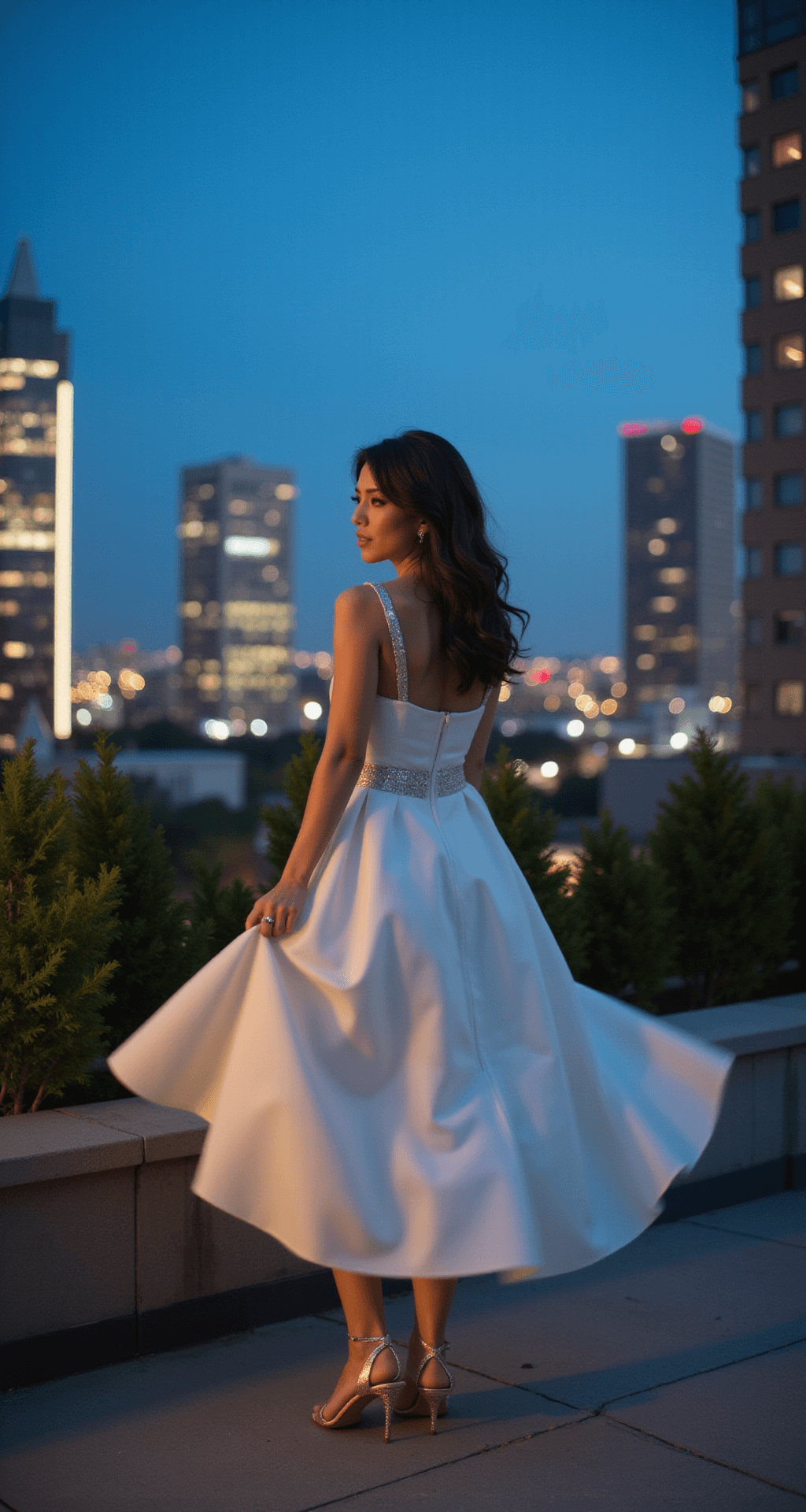 Bride in a modern minimalist gown gracefully walks on an urban rooftop garden at blue hour, her metallic Jimmy Choo Lance sandals captured in motion. The scene features cool evening tones contrasted with warm city lights, creating a dynamic and editorial-style atmosphere.