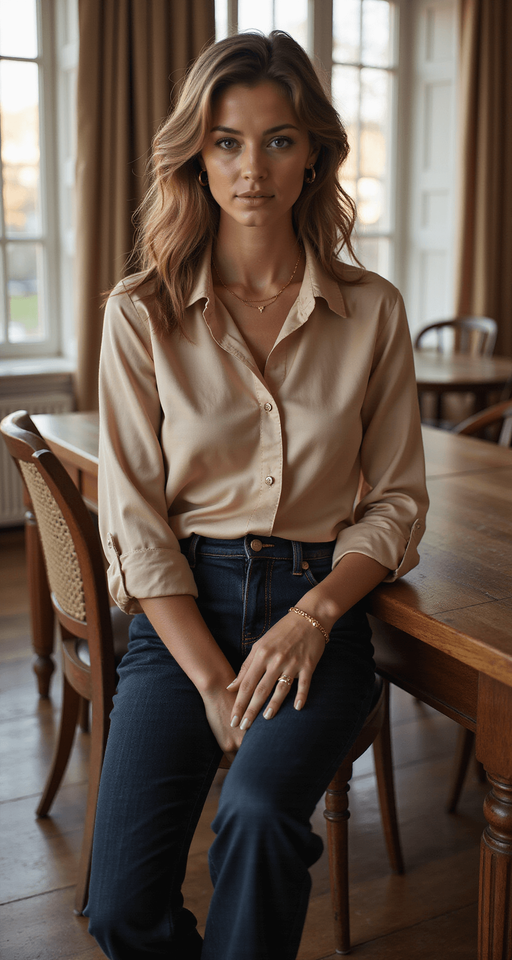 A woman in dark jeans and a champagne silk blouse sits at a wooden dining table, illuminated by warm evening light from floor-to-ceiling windows. She wears minimal gold jewelry and nude leather flats, styled with loose waves and neutral makeup, creating a refined yet relaxed atmosphere.