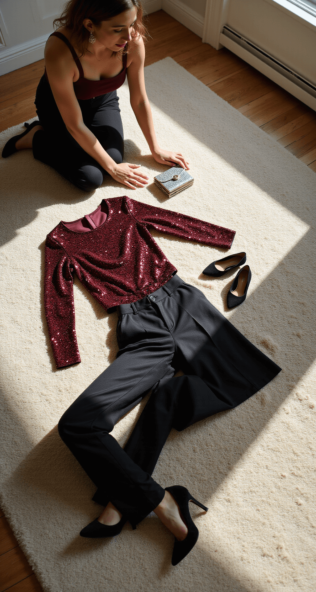 Overhead shot of a sun-filled modern apartment’s plush cream carpet featuring a burgundy sequined top next to high-waisted black wool trousers, with pearl drop earrings, black suede pumps, and a vintage silver clutch arranged artfully, all illuminated by warm golden hour sunlight.