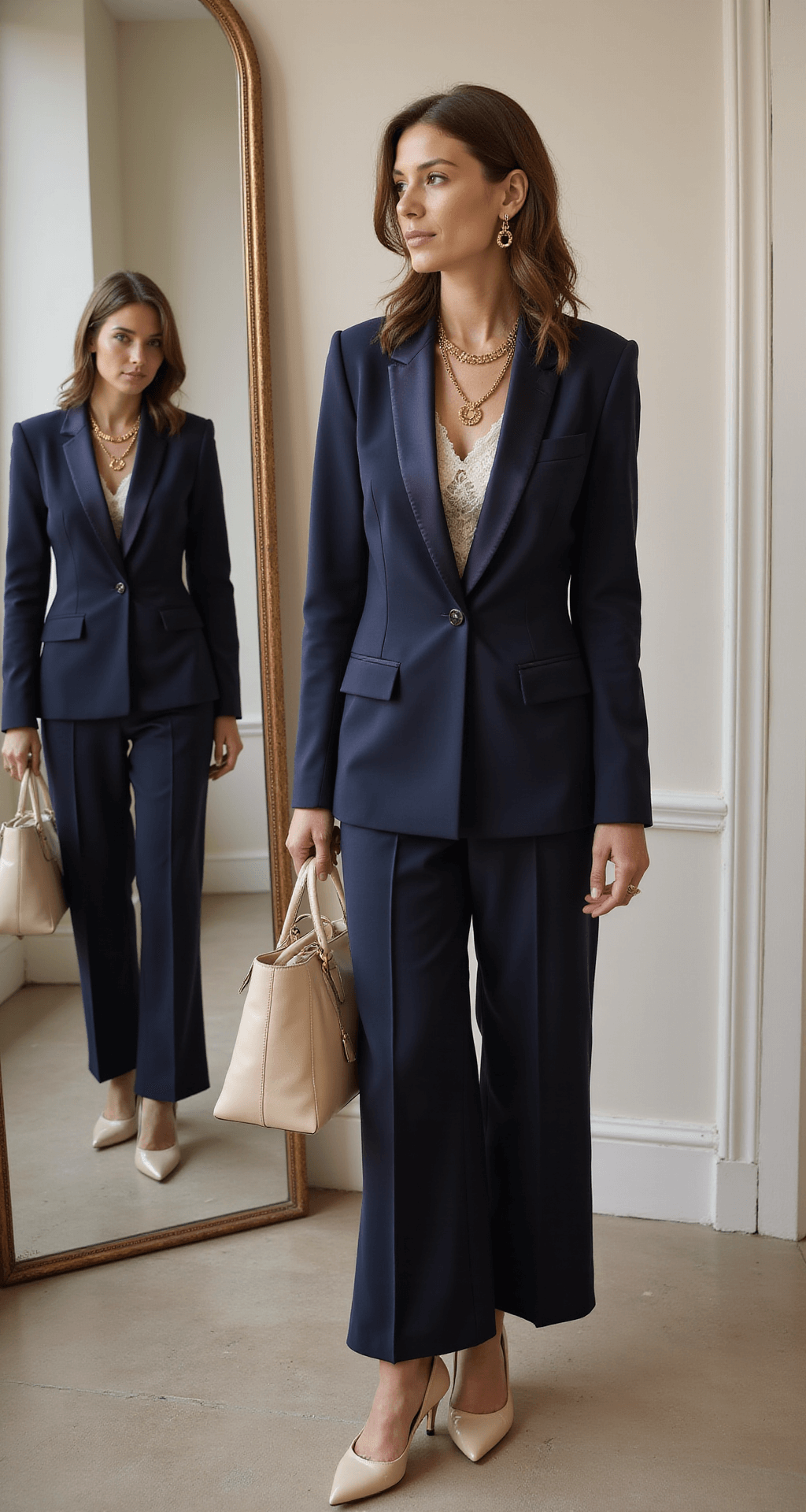 A woman in a chic boutique dressing room tries on a navy tailored pantsuit with satin lapels, paired with a lace camisole and layered gold necklaces, viewed in a triple mirror setup. The outfit is complemented by patent leather pumps and a structured cream leather handbag, showcasing sophisticated tailoring under soft, diffused lighting.