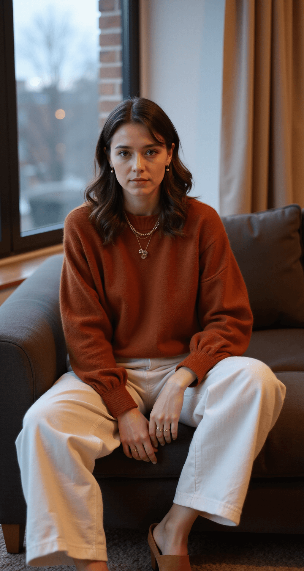Cozy urban townhouse living room at dusk with a person seated on a velvet sofa, wearing a rust-colored cashmere sweater and cream wide-leg linen pants, styled with minimal gold jewelry and tan suede mules, capturing a sense of natural movement and comfort in soft window light.