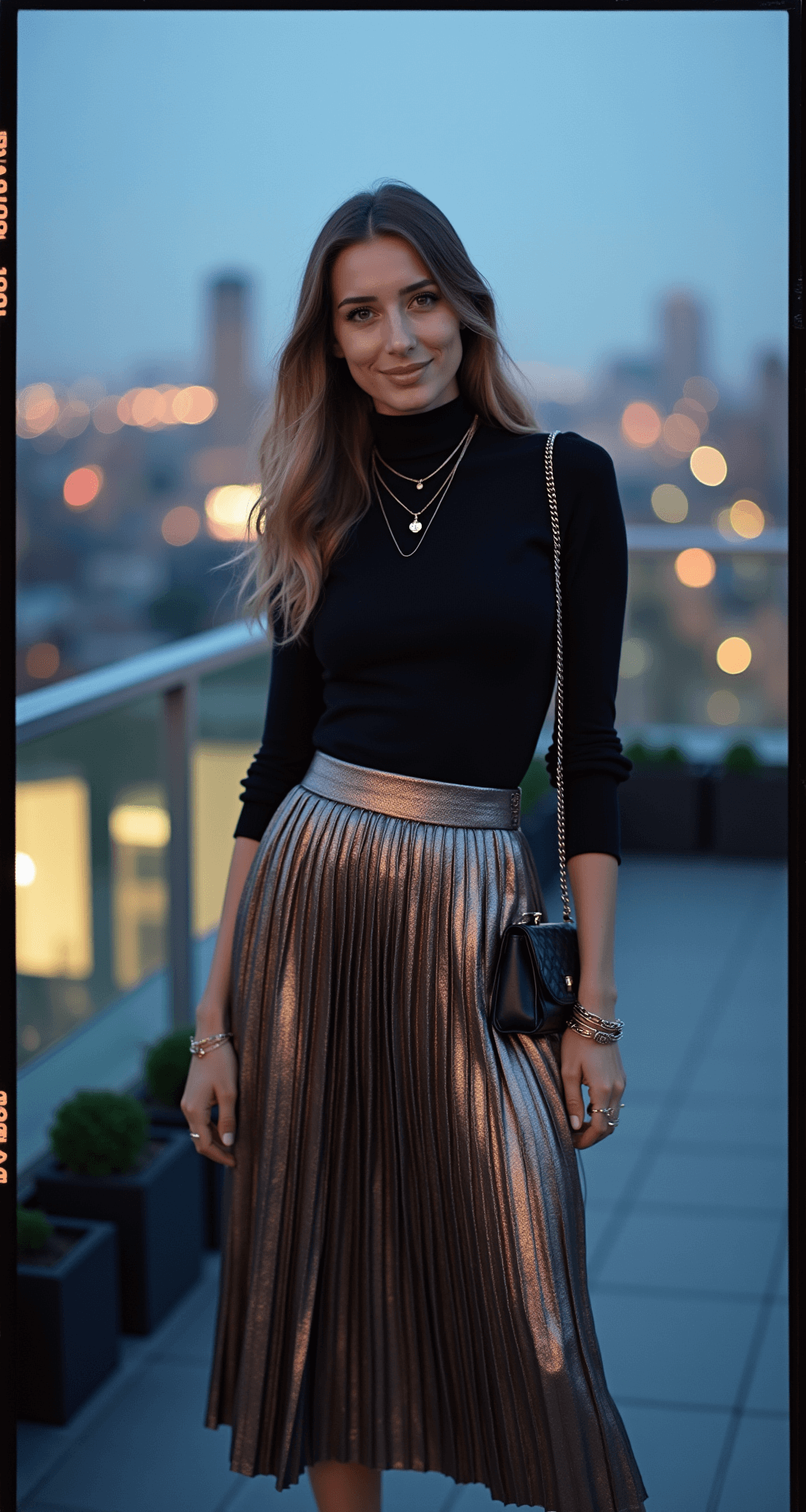 A woman stands on a contemporary rooftop terrace during blue hour, wearing a metallic pleated midi skirt and a fitted black turtleneck sweater. She accessorizes with layered bracelets, black leather ankle boots, and a small quilted crossbody bag, with colorful city lights in the background.