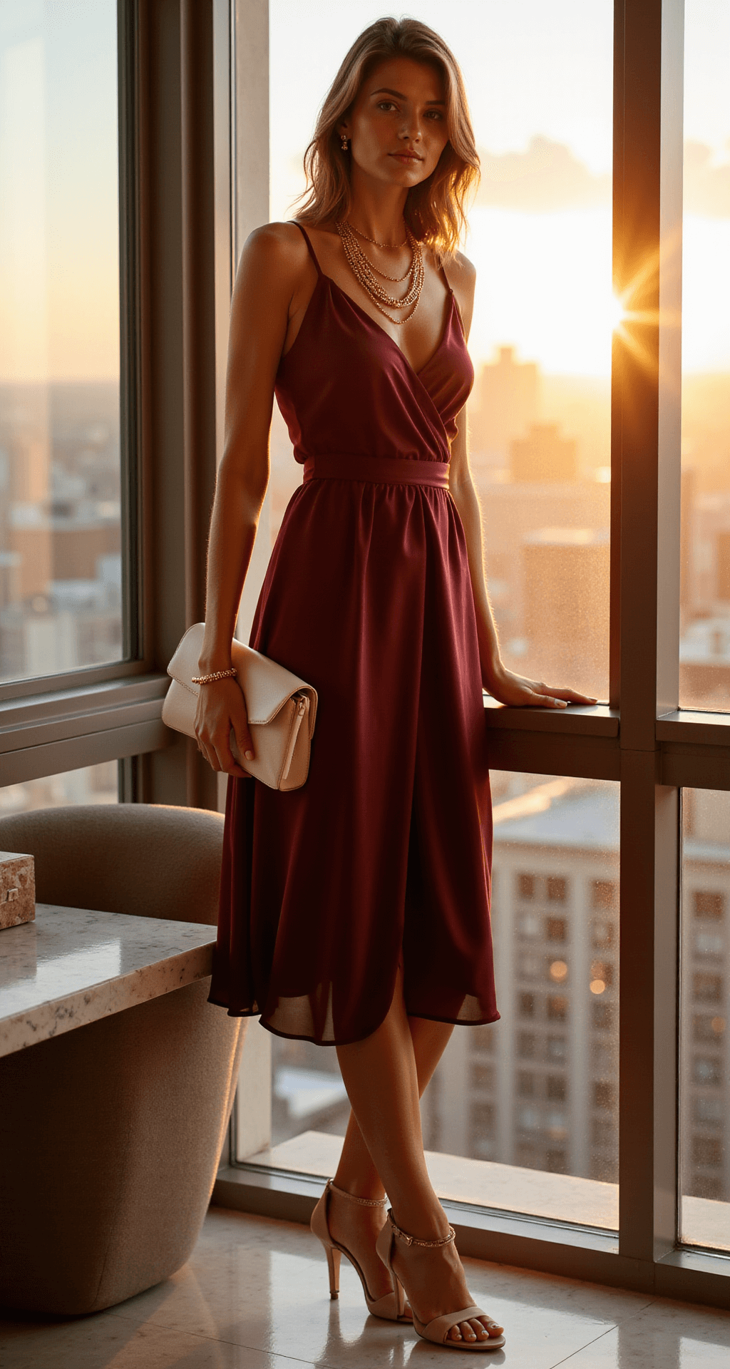 A woman in a burgundy silk midi dress stands by floor-to-ceiling windows of an elegant penthouse apartment at golden hour, with nude strappy sandals and gold layered necklaces, as a structured cream leather clutch rests on a marble console, showcasing modern furniture and city views in warm, natural lighting.