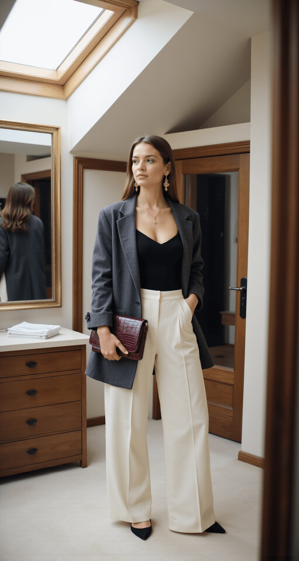 A woman styles wide-leg cream trousers with a black fitted bodysuit and oversized charcoal blazer in a luxurious walk-in closet, illuminated by natural light through skylights. Gold statement earrings and a burgundy croc-embossed clutch enhance her outfit, while multiple mirrors reflect the scene from a corner angle.