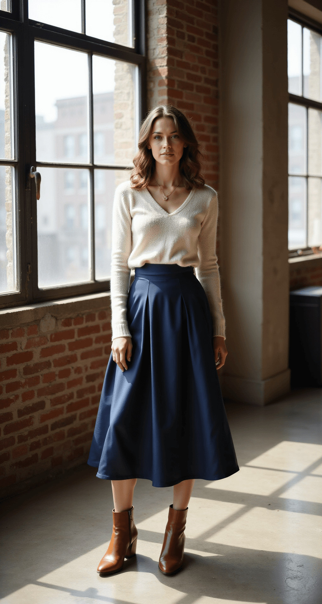 A woman in a navy silk midi skirt and ivory cashmere sweater stands in a contemporary loft, illuminated by natural side lighting from industrial windows. She wears cognac brown leather block heels and minimalist gold jewelry that glimmers in the late afternoon light, with dramatic shadows adding depth to the scene. The shot is taken from a front three-quarter angle with a 70mm lens.