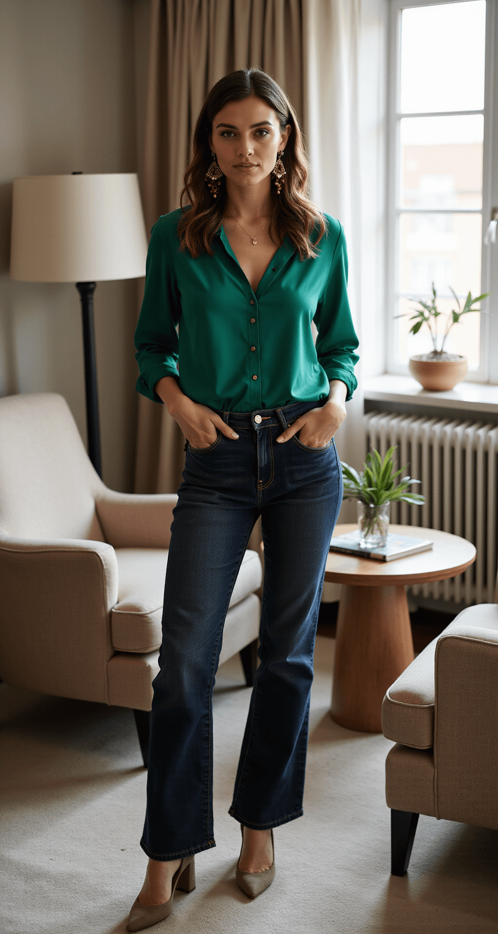 A woman wearing high-waisted dark wash jeans and an emerald green silk blouse stands in a boutique hotel suite, illuminated by soft morning light. She has statement tortoiseshell earrings and taupe suede block heels, with plush furnishings creating a luxurious backdrop. The image is taken at eye level with a 50mm lens.