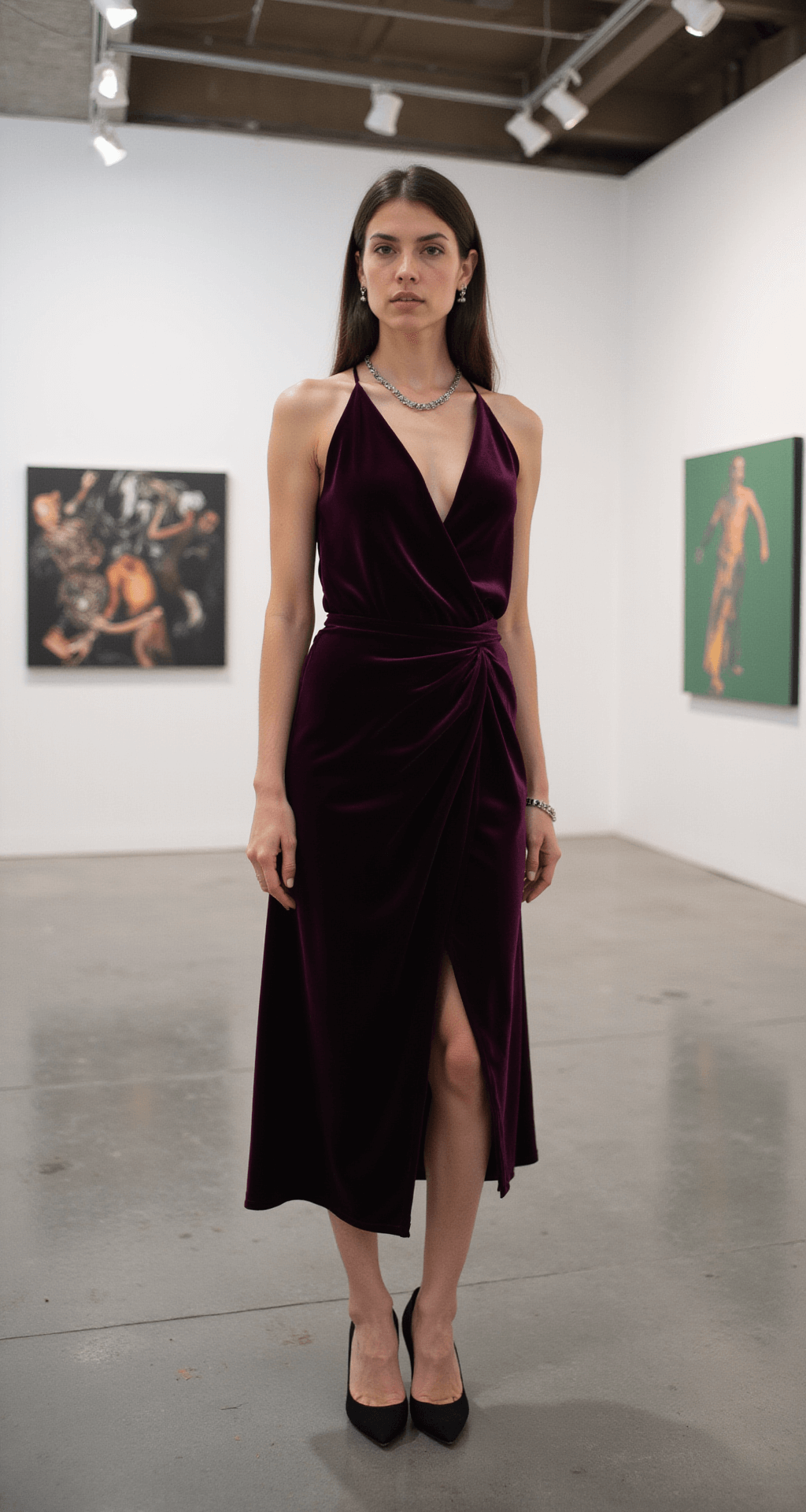 A woman in a plum velvet midi dress with architectural draping stands in an art gallery with white walls and concrete floors, wearing black pointed stilettos and minimal silver jewelry, photographed from a slight low angle with mixed lighting from spotlights and natural light.