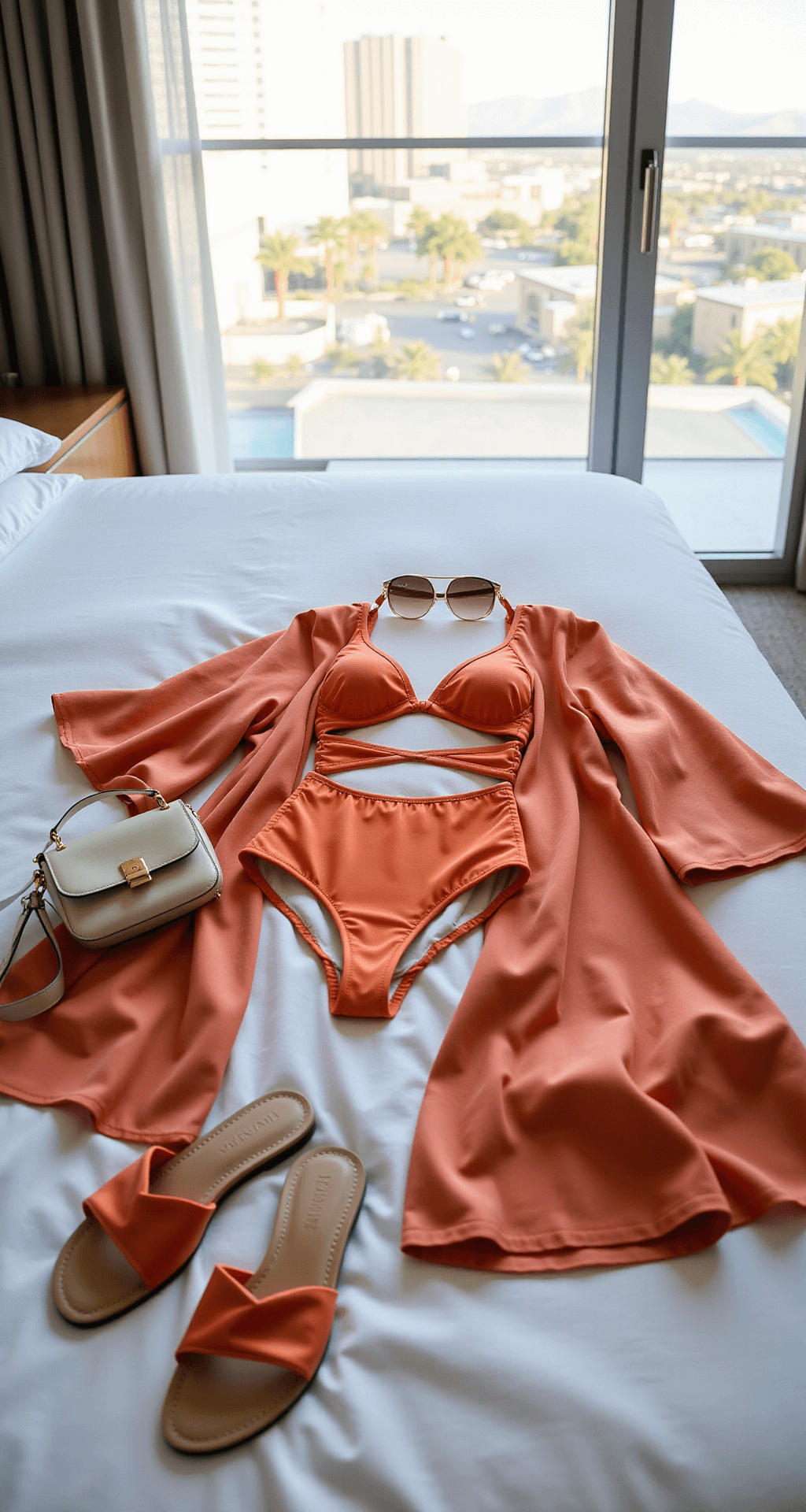 A luxurious hotel suite in the morning light, featuring a complete pool party outfit laid out on a king-size white bed, including a sunset orange cutout one-piece swimsuit, a floating silk kaftan in coral tones, rose gold slide sandals, oversized round sunglasses, and a cream leather micro-bag, with soft bokeh of the Strip visible in the background.