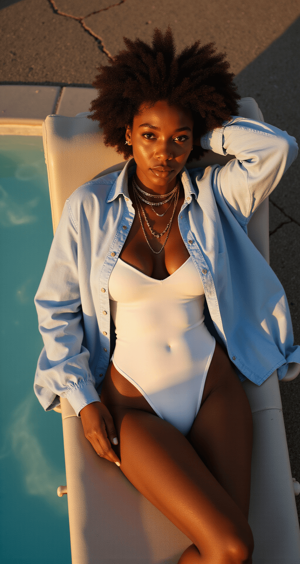 A Black model reclining on a modern pool chaise at sunset, wearing a minimalist white one-piece under an open light blue oxford shirt. She is adorned with delicate gold necklaces, her edges perfectly styled. The warm golden light enhances the scene, emphasizing the interplay of light and shadow captured from above.
