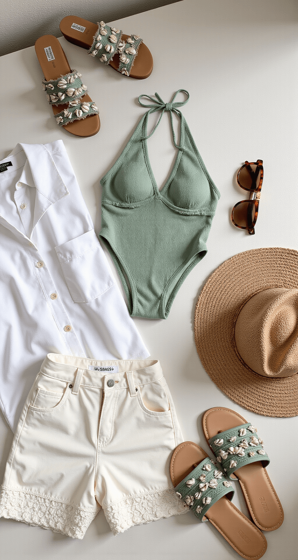 A well-lit resort boutique dressing room showcasing a flat lay of a ribbed sage green bikini, cream crochet shorts, an oversized white button-down, shell-embellished sandals, and coordinating accessories including a wide-brim hat, a gold-toned waterproof watch, and tortoiseshell sunglasses, all illuminated by natural light from a skylight.