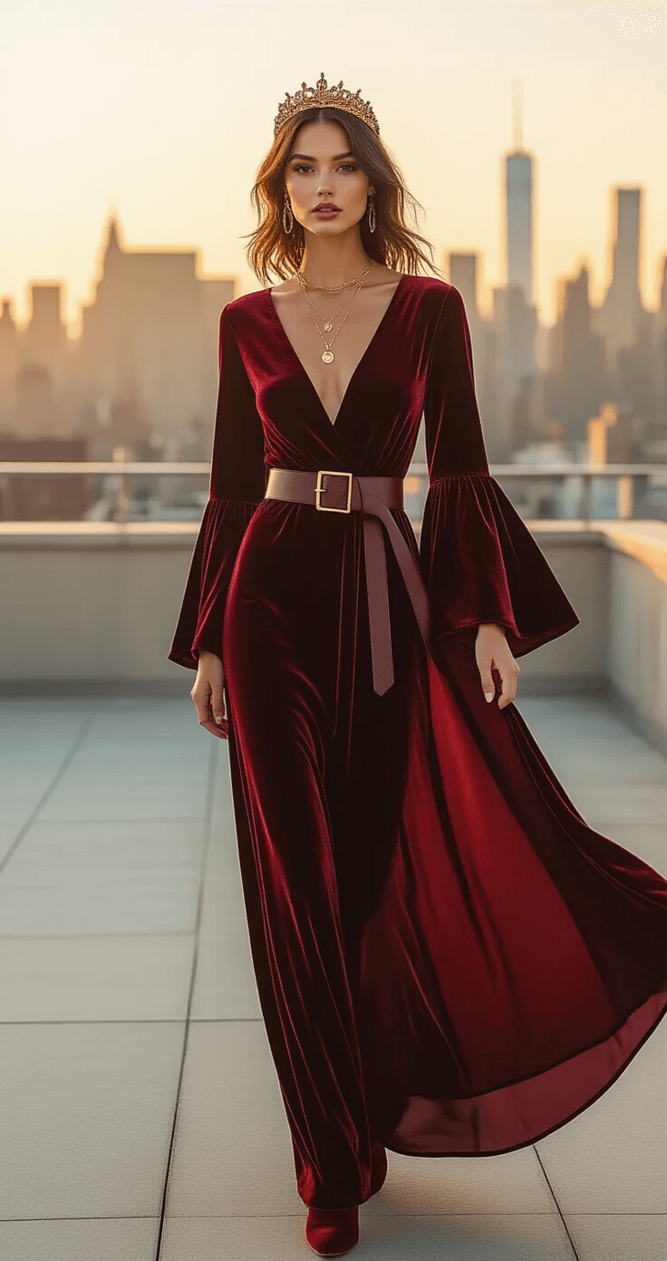 A model in a burgundy velvet maxi dress with bell sleeves stands on a sun-drenched urban rooftop at golden hour, showcasing a city skyline. The dress flows with the breeze, accentuated by a leather belt, while she wears minimalist gold jewelry and suede ankle boots. The shot, taken from a low angle with a 50mm lens, captures the movement of the dress against the blurred architectural backdrop.