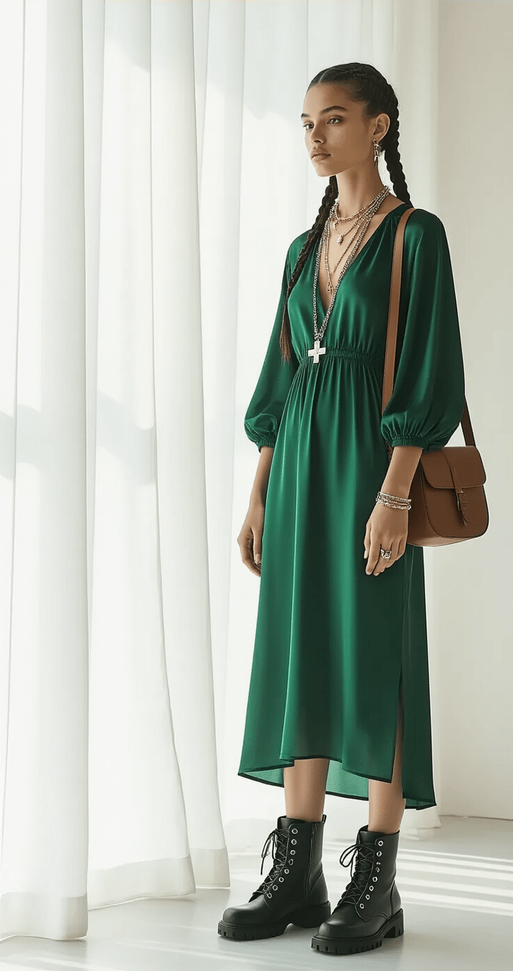 A model in an emerald green silk midi dress with bishop sleeves and modern combat boots poses in a minimalist white studio with sheer curtains. She accessorizes with mixed metal jewelry and a leather crossbody bag, while her hair is styled in loose medieval-inspired braids, all captured with a wide-angle lens.