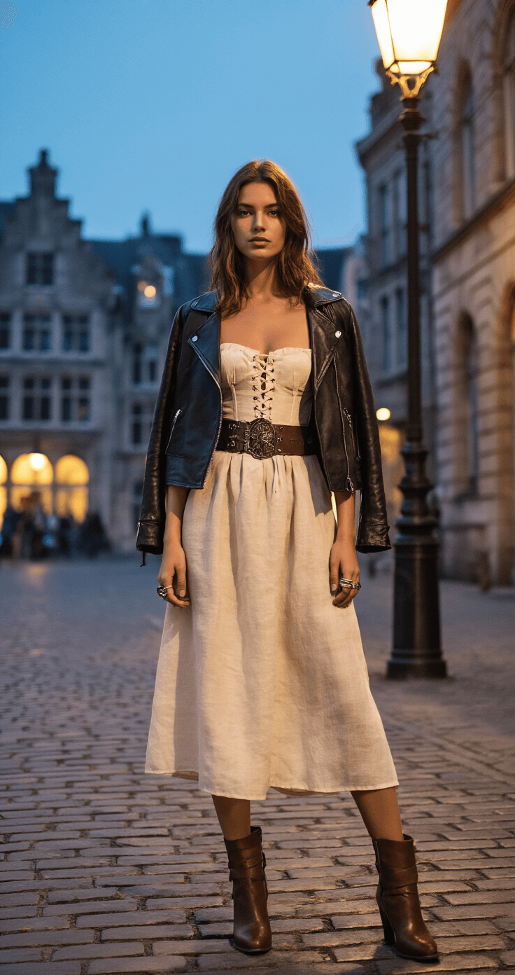 A model in a structured cream linen dress and modern leather jacket stands at a cobblestone street corner at twilight, showcasing a medieval-inspired belt with metal details, stacked rings, and leather ankle boots against a backdrop of historic architecture.