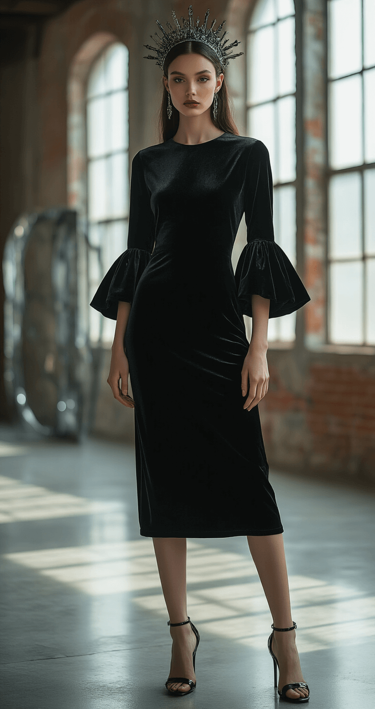 A model in a black velvet midi dress with dramatic sleeves stands in a contemporary art gallery, showcasing industrial elements. She wears modern metallic accessories, a medieval-inspired headpiece, and has sleek straight hair with bold makeup. Chrome and glass features in the background are highlighted by dramatic lighting, emphasizing her silhouette.