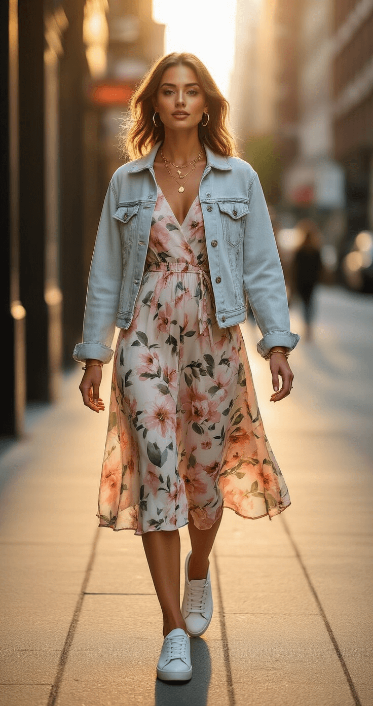 A woman in a midi-length floral dress with soft watercolor prints walks confidently on a sunlit urban sidewalk, her light wash denim jacket draped over her shoulders. She's wearing white leather sneakers and minimal gold jewelry, with loose waves in her hair. The warm golden hour light casts soft shadows and highlights the details of her outfit against a blurred city backdrop.