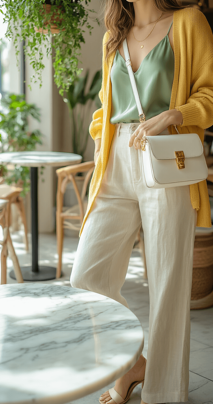 Close-up of a stylish outfit featuring a sage green silk camisole tucked into high-waisted cream linen pants, layered with a butter yellow cardigan. A white leather crossbody bag with gold hardware rests nearby, while a delicate gold anklet is visible above nude block heel sandals. The setting is a modern brunch cafe with marble tables and hanging plants, illuminated by soft morning light casting gentle shadows across the scene.