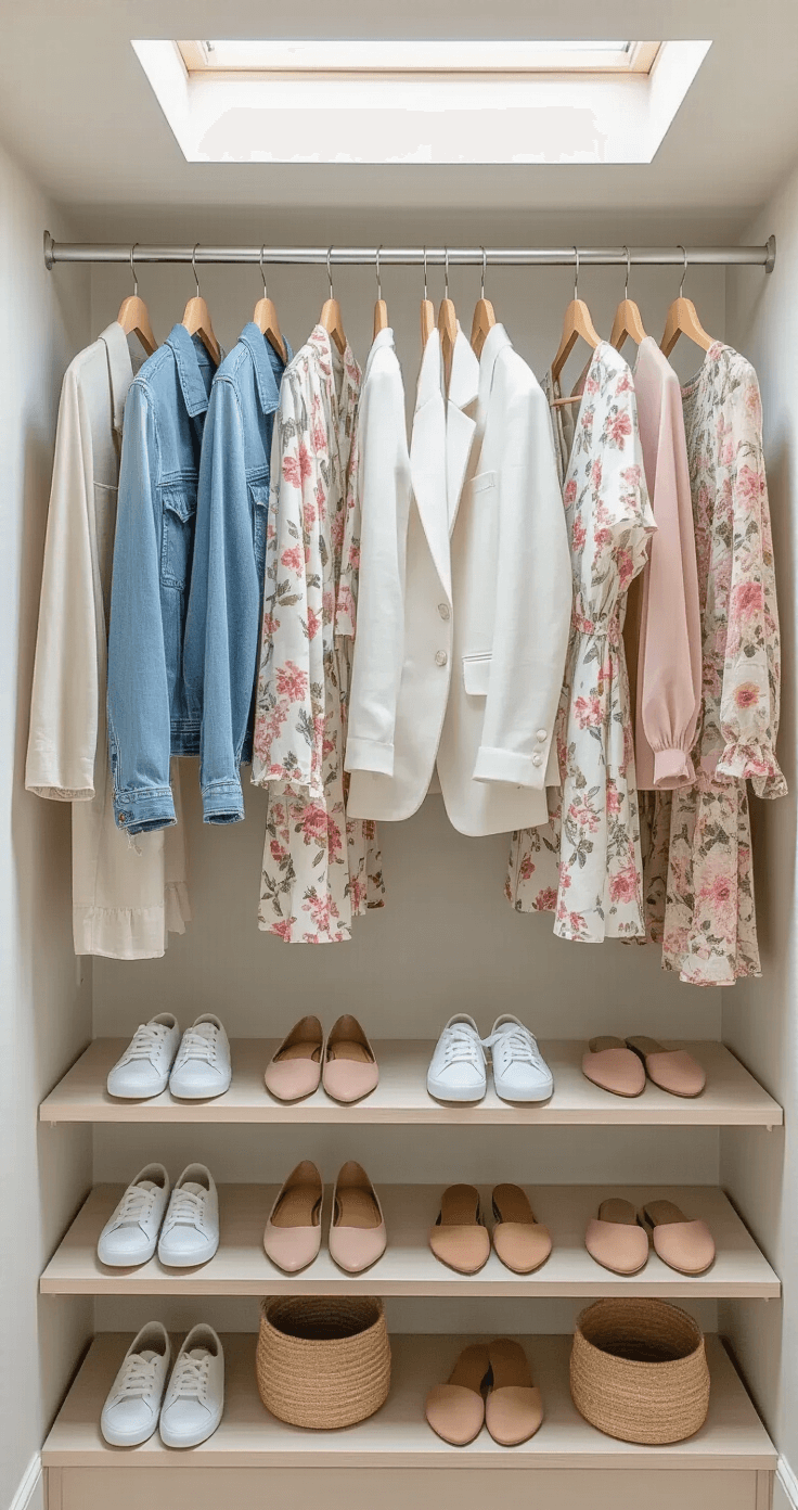 A minimalist walk-in closet featuring a well-organized rack with a light wash denim jacket, white linen blazer, and floral midi dresses in various prints, complemented by pastel knits. Below, there are white sneakers, nude flats, and woven sandals, all illuminated by natural light from a skylight.